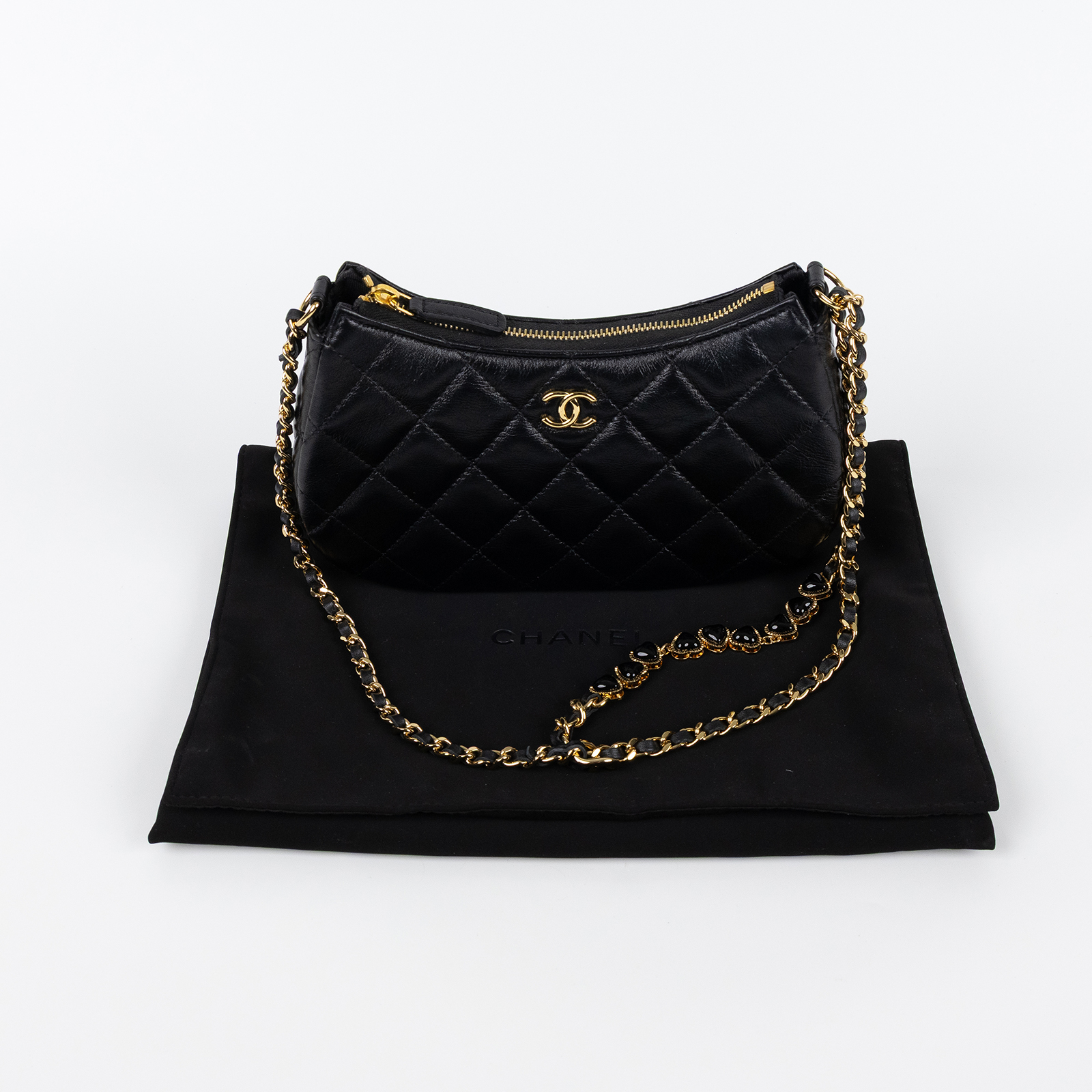 香奈兒 CHANEL HOBO 腋下包 肩背包 小型 AP3786 晶片款 黑金愛心鍊HOBO腋下包 防塵袋