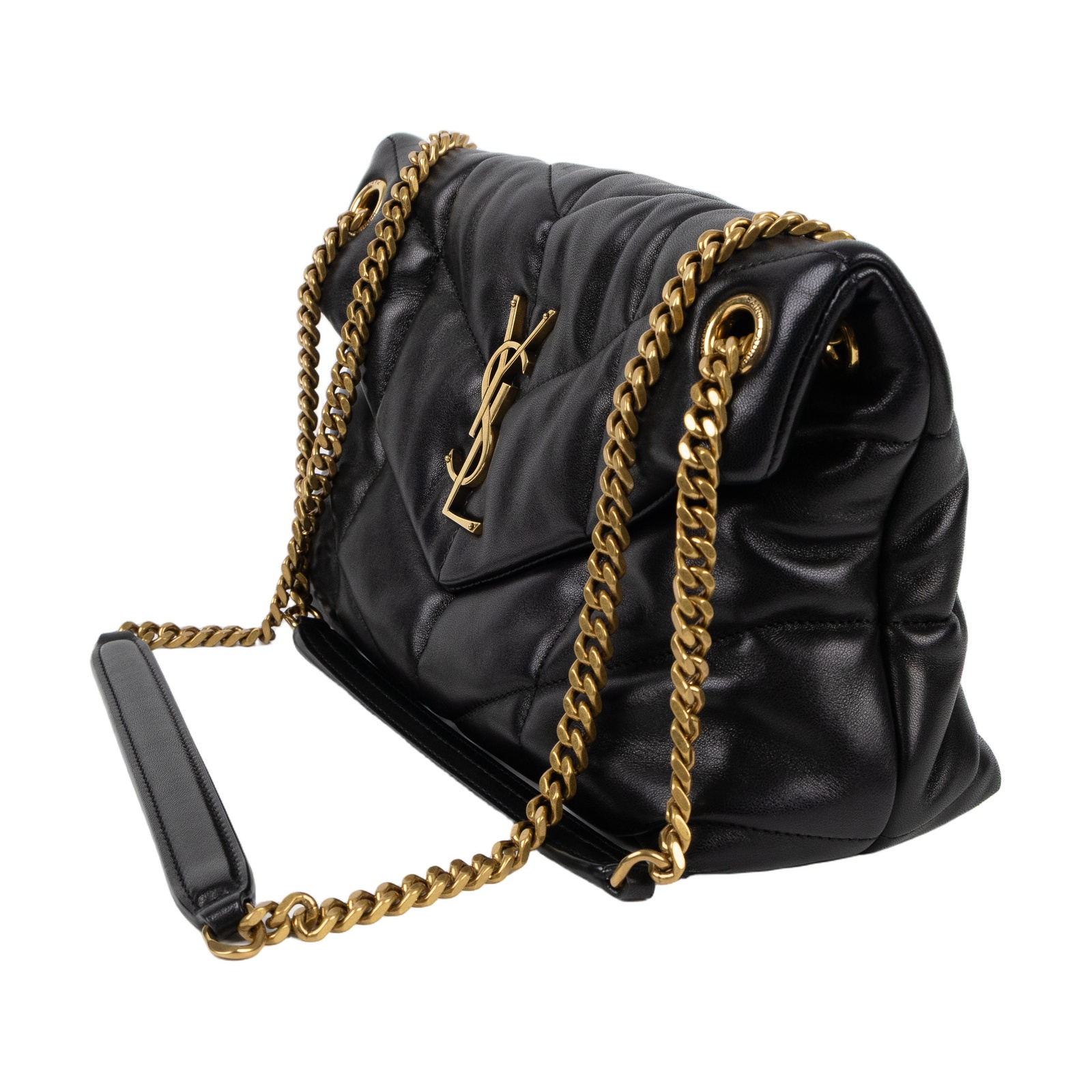 聖羅蘭 YSL SAINT LAURENT Puffer 絎縫納帕皮包 小型 金色五金 5774761EL07 黑金LOULOU PUFFER 防塵袋