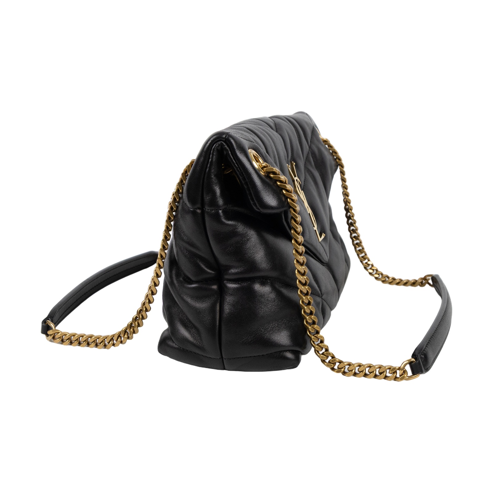 聖羅蘭 YSL SAINT LAURENT Puffer 絎縫納帕皮包 小型 金色五金 5774761EL07 黑金LOULOU PUFFER 防塵袋