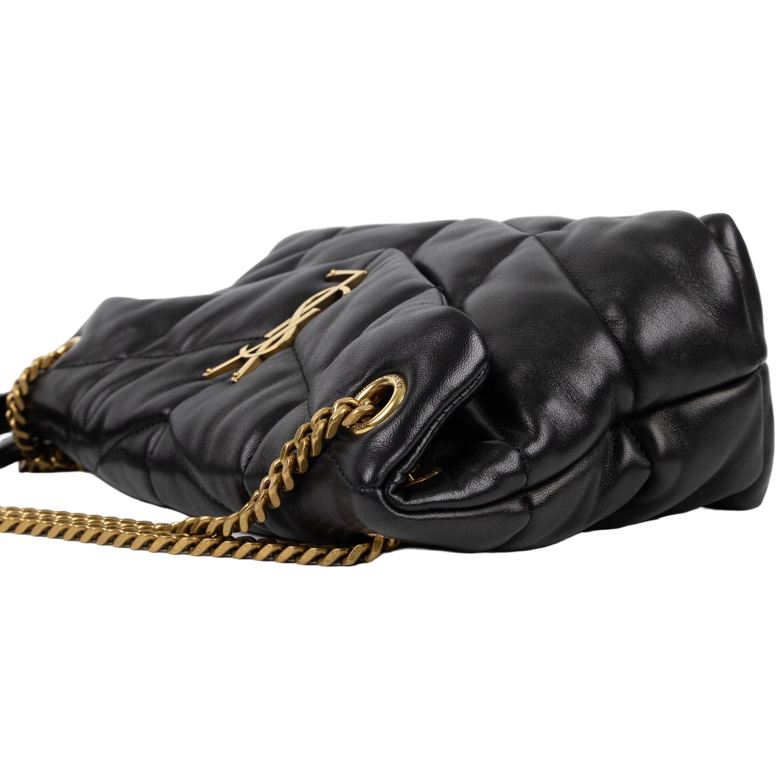 聖羅蘭 YSL SAINT LAURENT Puffer 絎縫納帕皮包 小型 金色五金 5774761EL07 黑金LOULOU PUFFER 防塵袋