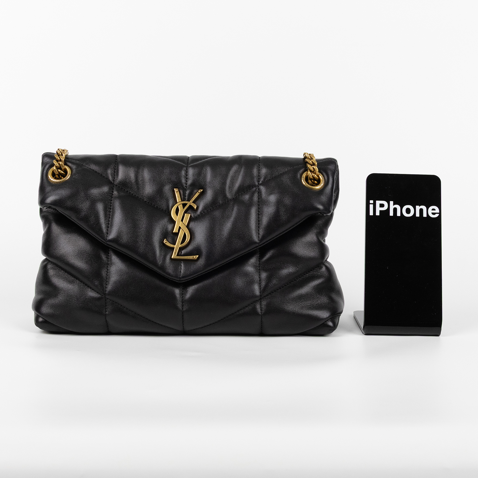 聖羅蘭 YSL SAINT LAURENT Puffer 絎縫納帕皮包 小型 金色五金 5774761EL07 黑金LOULOU PUFFER 防塵袋