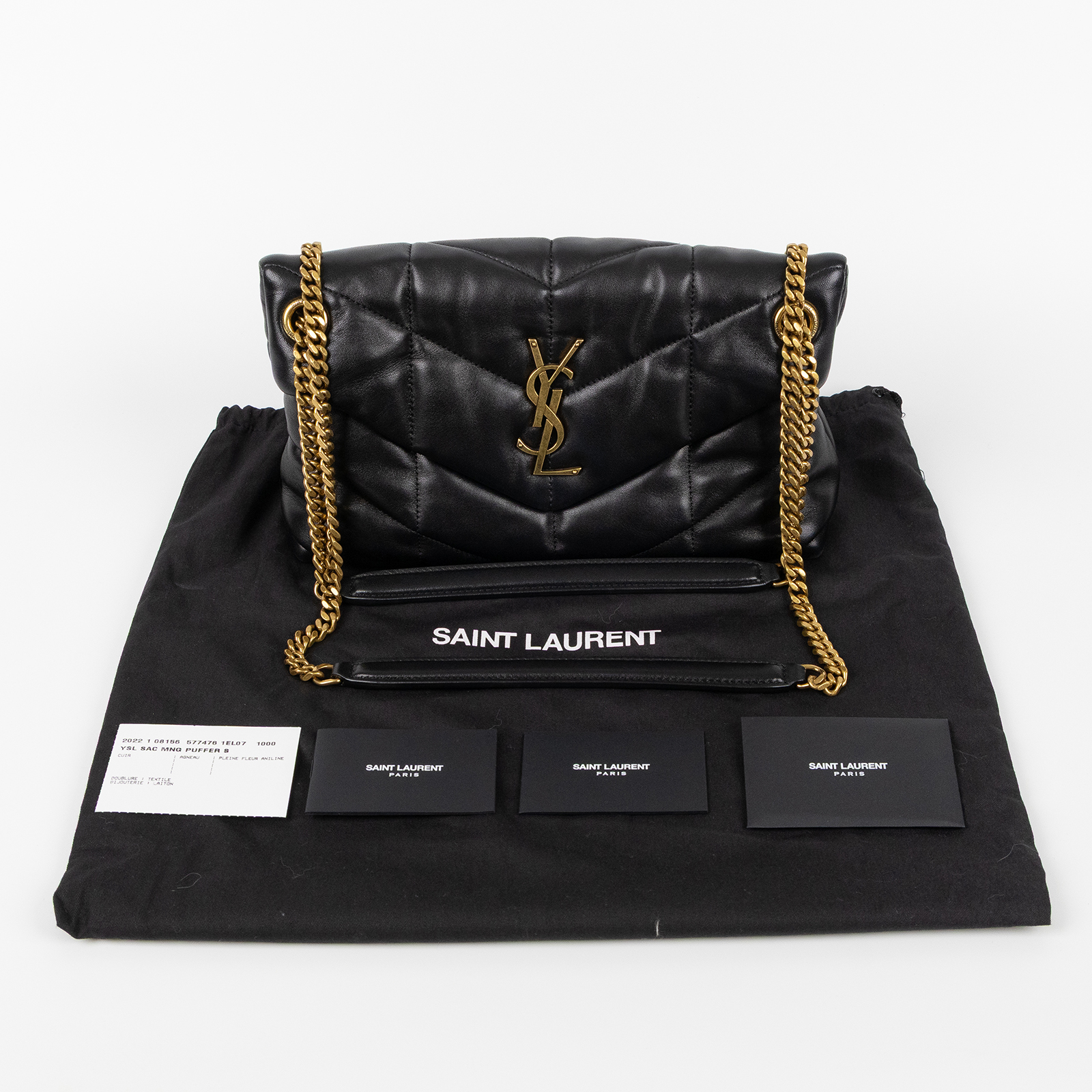 聖羅蘭 YSL SAINT LAURENT Puffer 絎縫納帕皮包 小型 金色五金 5774761EL07 黑金LOULOU PUFFER 防塵袋