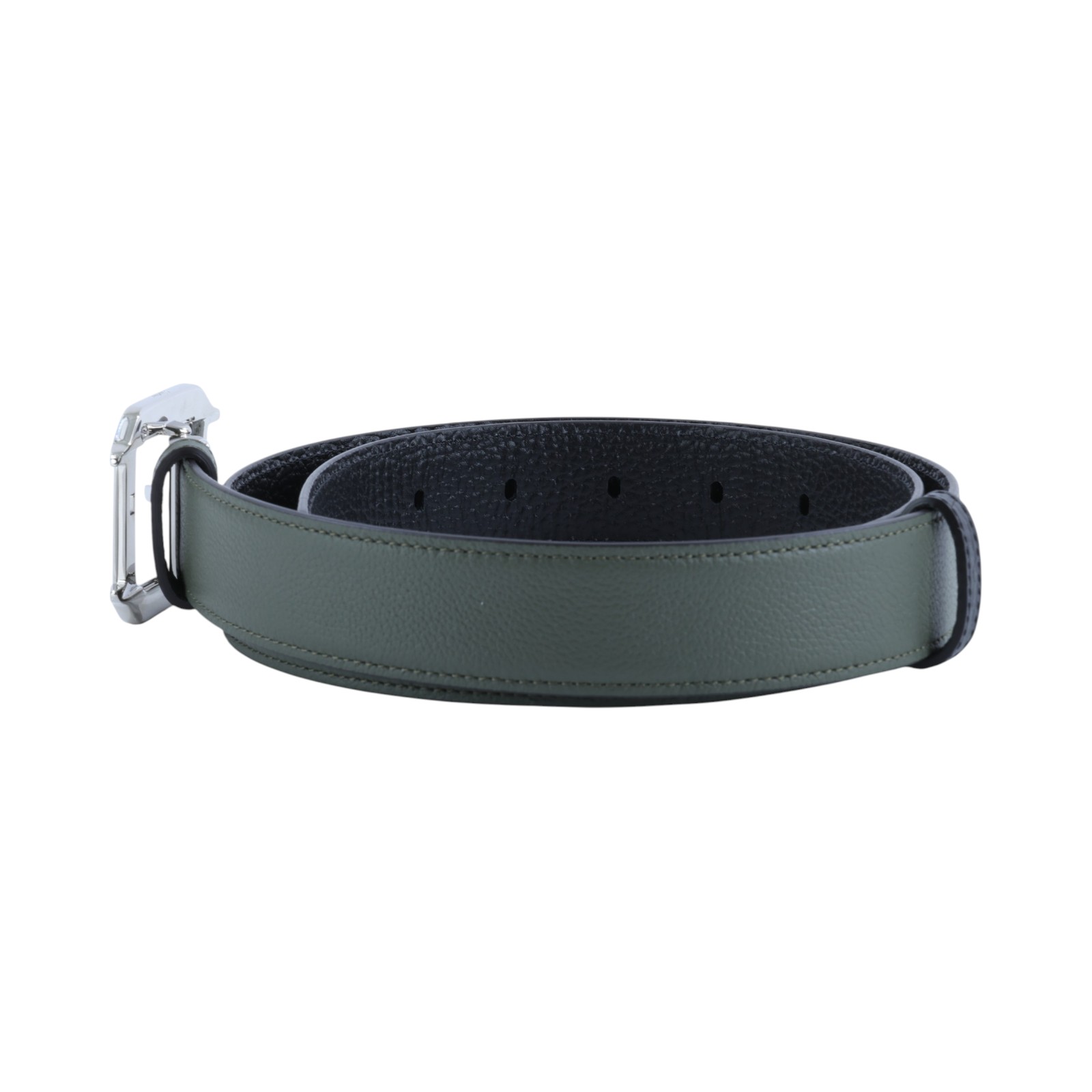 卡地亞 CARTIER Santos de Cartier 皮帶 黑色/茶綠色 粒面小牛皮 鈀金飾面扣環 L5000703  原廠盒子/防塵袋