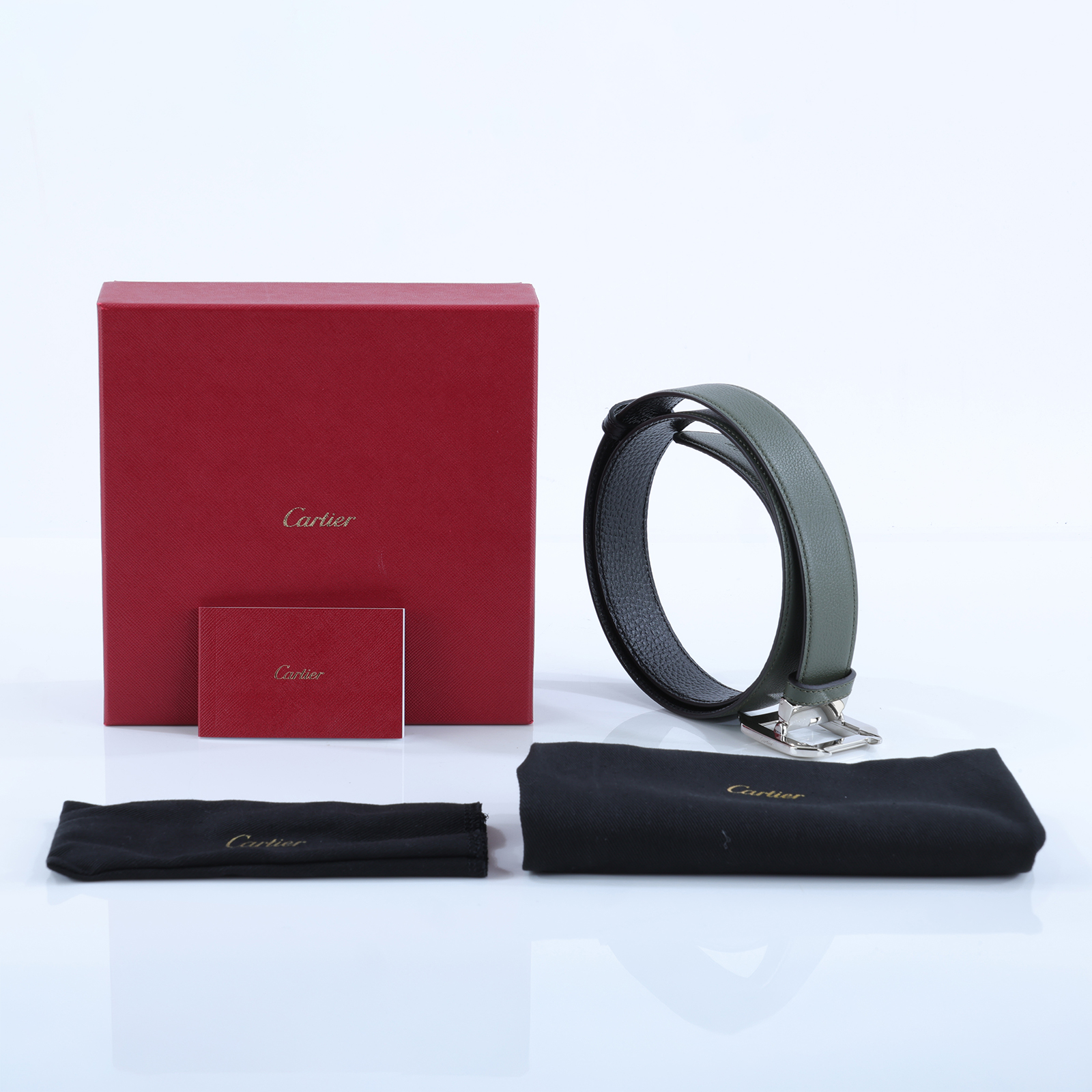 卡地亞 CARTIER Santos de Cartier 皮帶 黑色/茶綠色 粒面小牛皮 鈀金飾面扣環 L5000703  原廠盒子/防塵袋