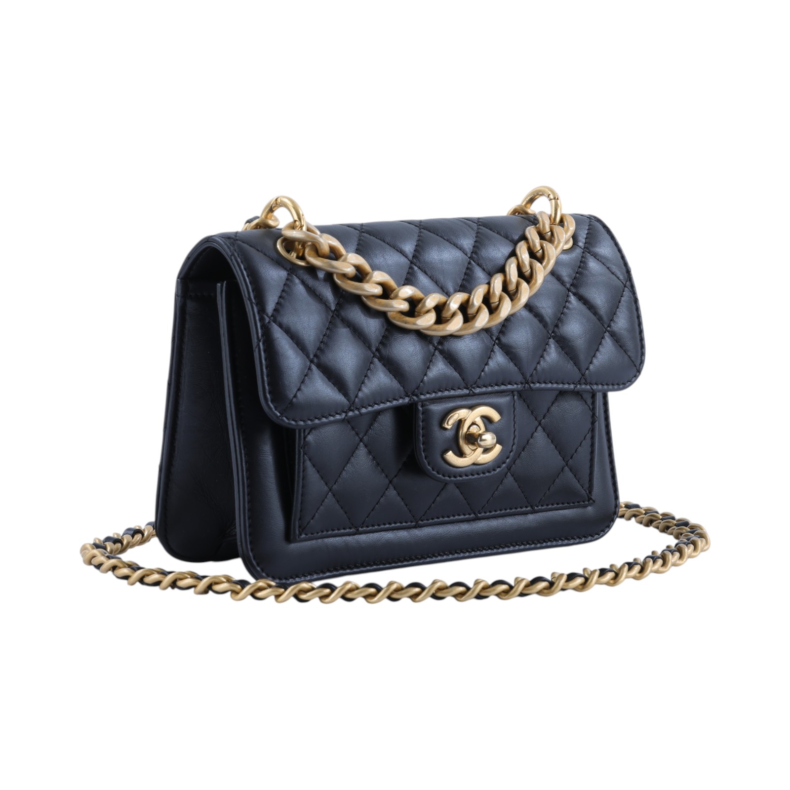 香奈兒 CHANEL Mini Flap 肩背包 斜背包 AS4051 晶片款 黑金豆腐包 防塵袋