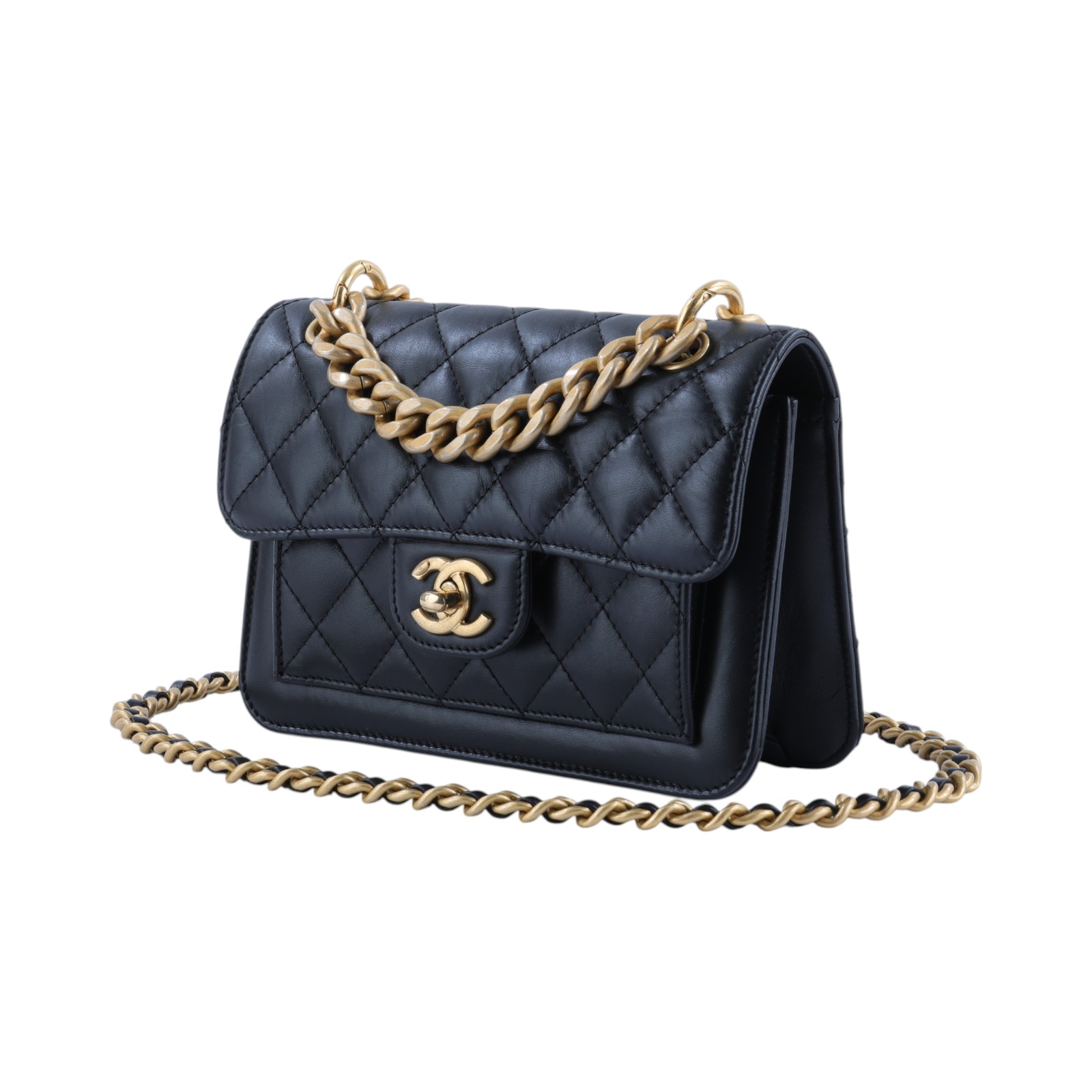 香奈兒 CHANEL Mini Flap 肩背包 斜背包 AS4051 晶片款 黑金豆腐包 防塵袋