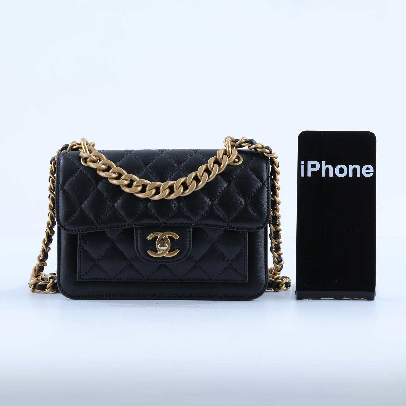 香奈兒 CHANEL Mini Flap 肩背包 斜背包 AS4051 晶片款 黑金豆腐包 防塵袋
