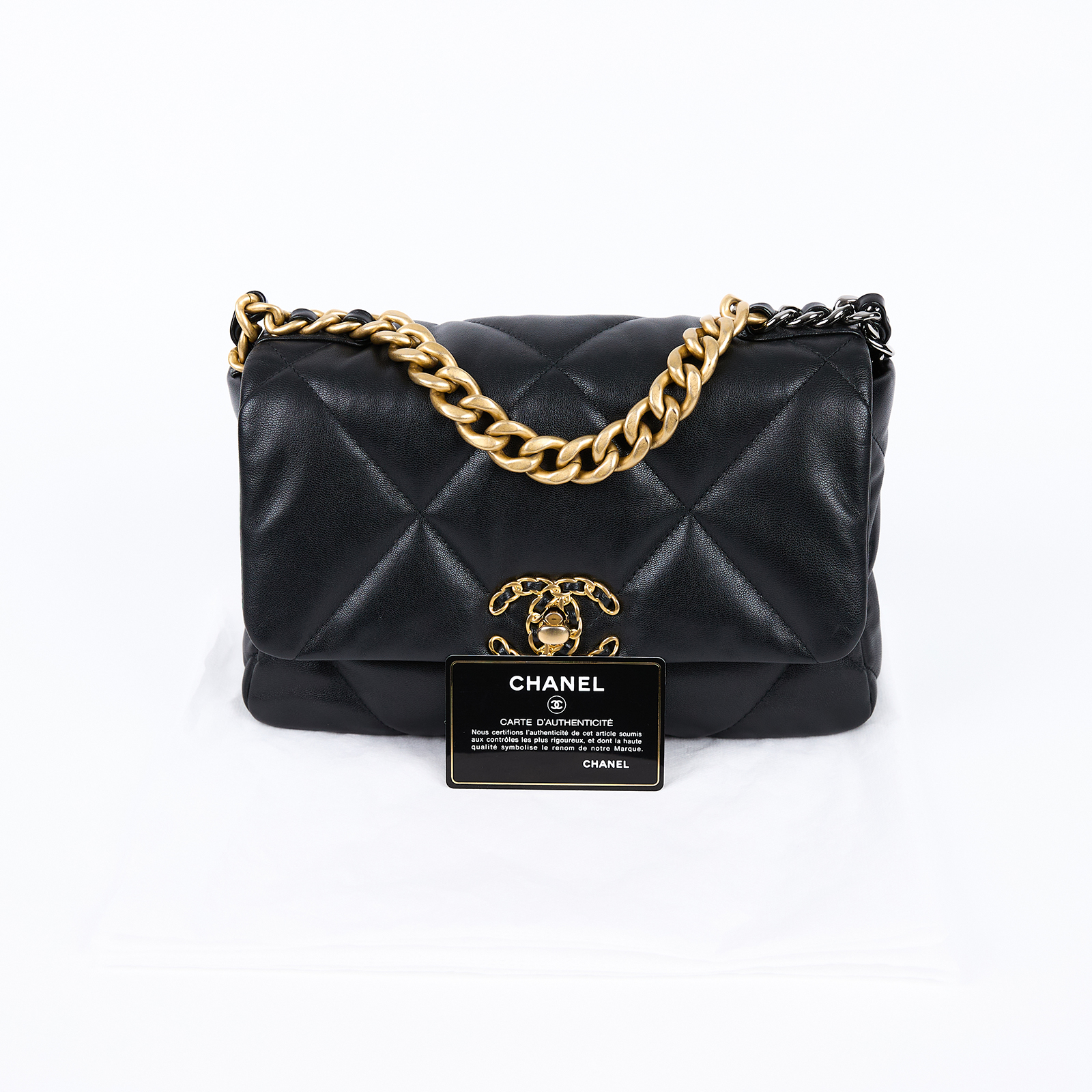 香奈兒 CHANEL 19 口蓋包 菱格紋 金銀鍊帶 手提 肩背包 AS1160 30開黑羊19包 26CM 保證卡