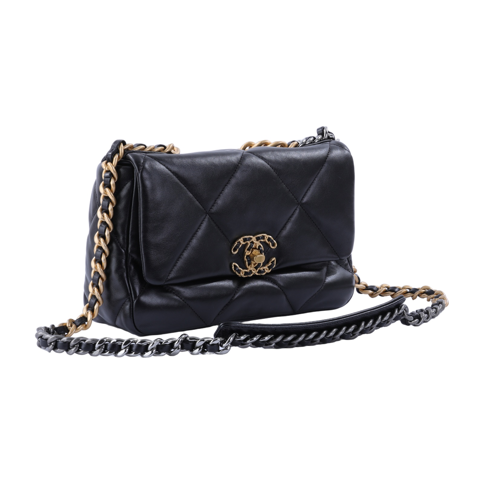 香奈兒 CHANEL 19 口蓋包 菱格紋 金銀鍊帶 手提 肩背包 AS1160 晶片款 黑金19包 26CM 防塵袋