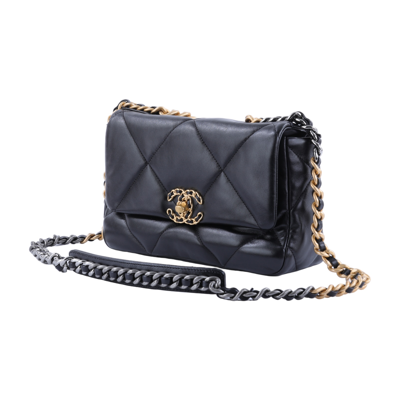 香奈兒 CHANEL 19 口蓋包 菱格紋 金銀鍊帶 手提 肩背包 AS1160 晶片款 黑金19包 26CM 防塵袋
