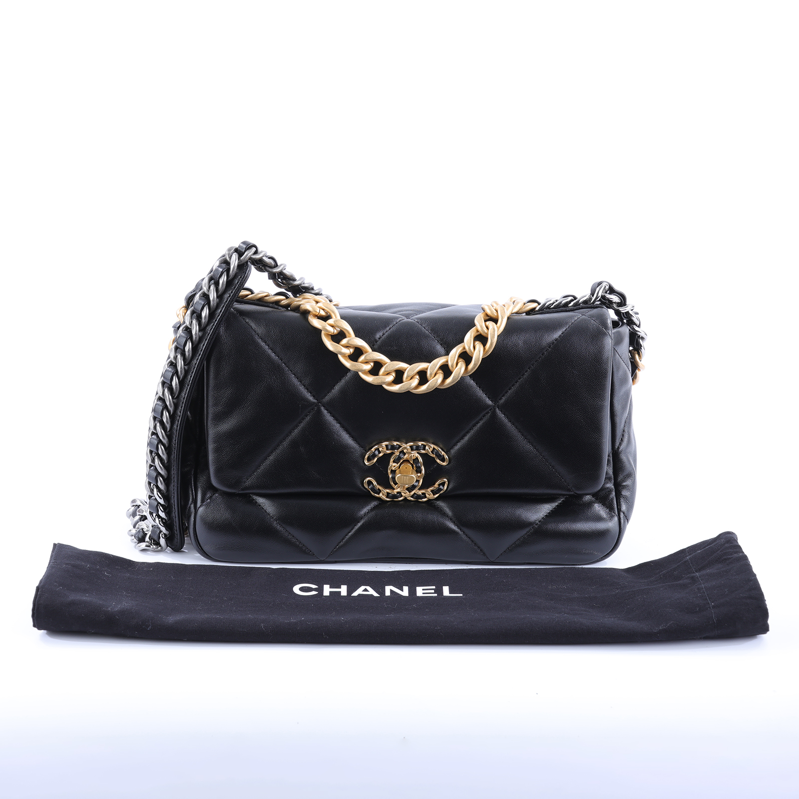 香奈兒 CHANEL 19 口蓋包 菱格紋 金銀鍊帶 手提 肩背包 AS1160 晶片款 黑金19包 26CM 防塵袋