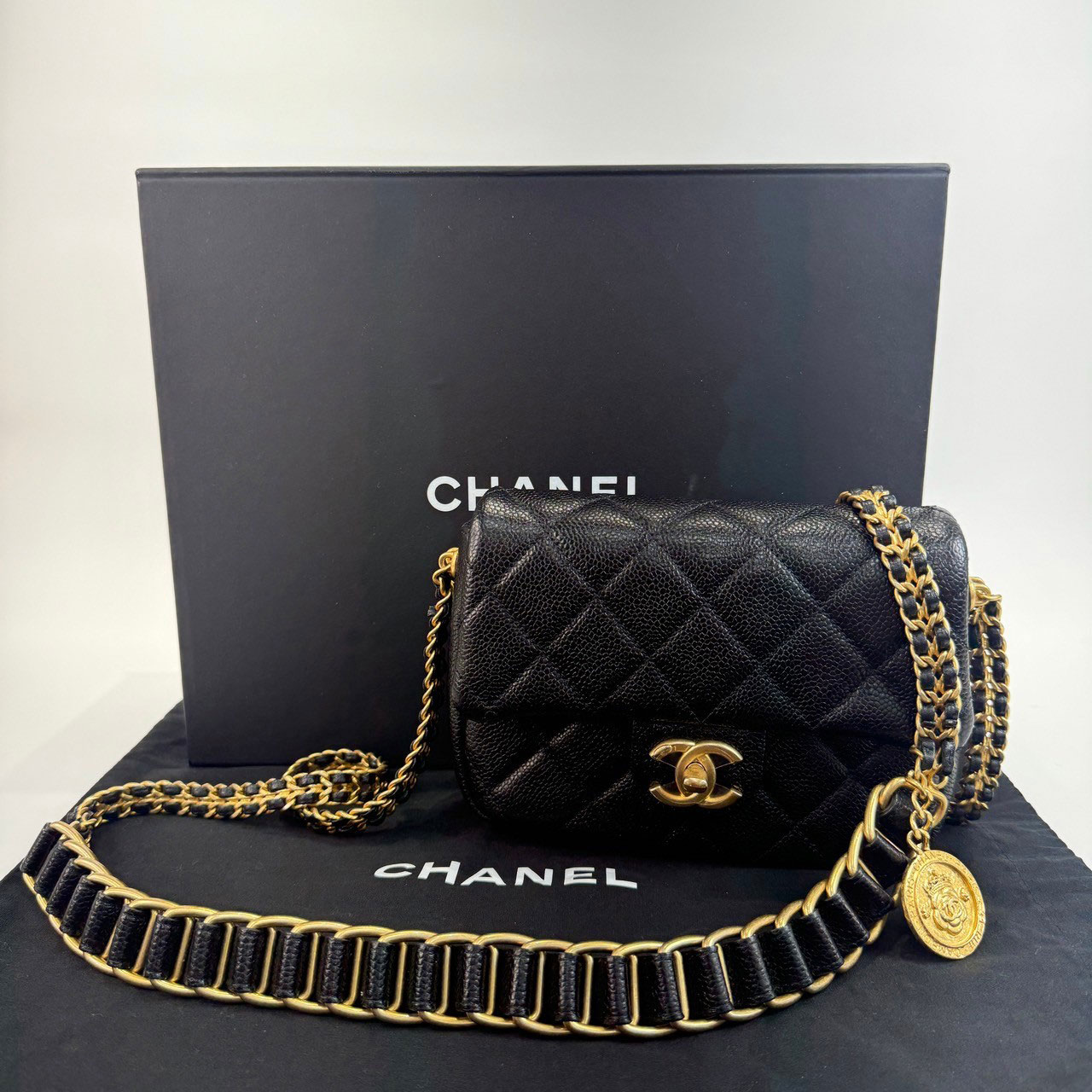 香奈兒 CHANEL CC logo 金幣 方胖 肩背 斜背 口蓋包 AS2482 晶片款 黑荔枝金幣方胖 原廠盒子/防塵袋