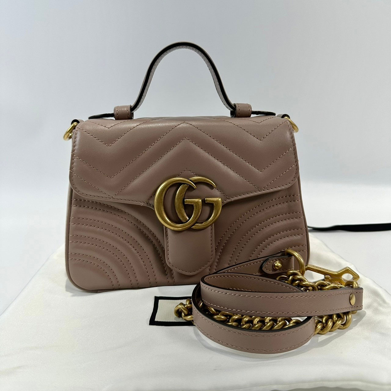 古馳 GUCCI GG Marmont 迷你 肩背 手挽袋 547260 藕色MARMONT HANDLE 小 防塵袋