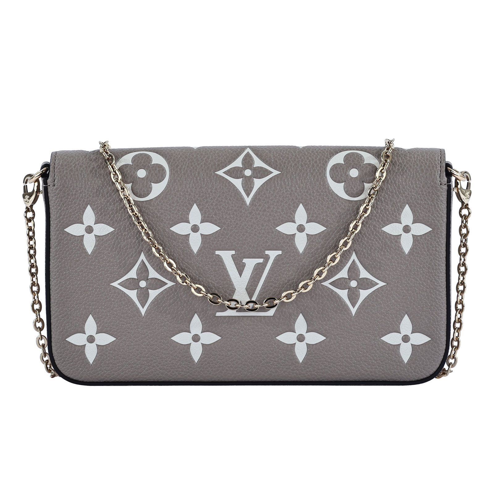 路易威登 LOUIS VUITTON Félicie Pochette 粒面壓花牛皮 翻蓋 斜背 鍊帶 肩背包 灰色 奶油色 M82610 晶片款  原廠盒子/防塵袋/內袋x2