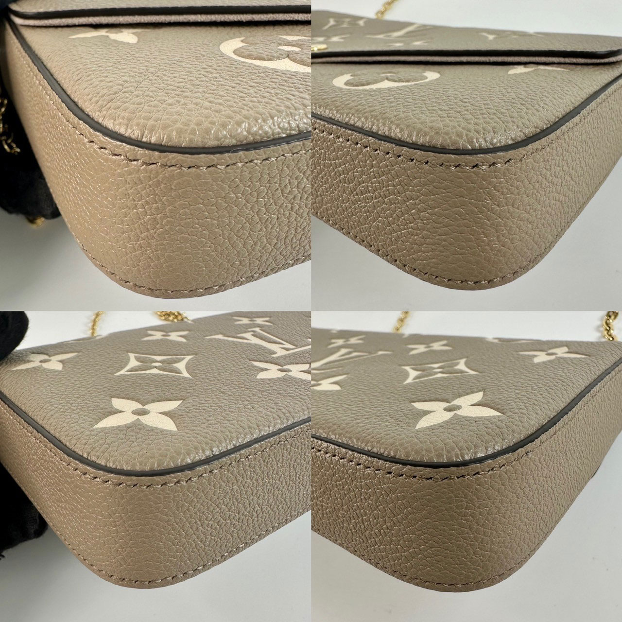 路易威登 LOUIS VUITTON Félicie Pochette 粒面壓花牛皮 翻蓋 斜背 鍊帶 肩背包 灰色 奶油色 M82610 晶片款  原廠盒子/防塵袋/內袋x2