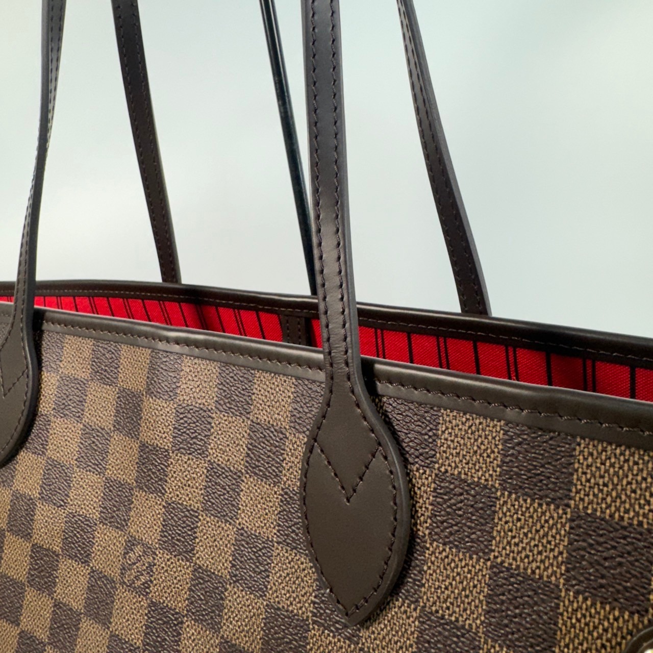 路易威登 LOUIS VUITTON Neverfull MM  棕棋盤格 肩背 購物袋 櫻桃紅內襯 N40599 晶片款  防塵袋/內袋