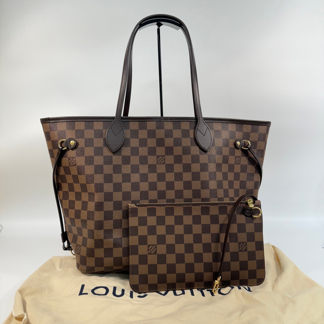 路易威登 LOUIS VUITTON Neverfull MM  棕棋盤格 肩背 購物袋 櫻桃紅內襯 N40599 晶片款  防塵袋/內袋