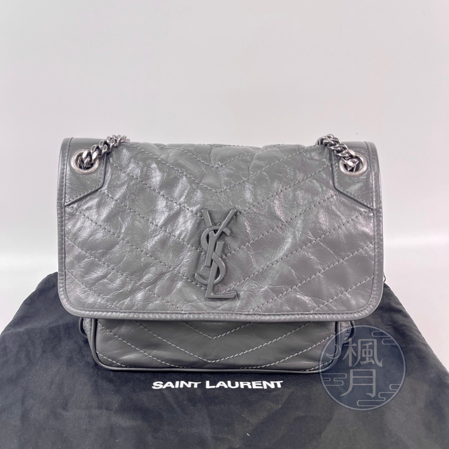 聖羅蘭 YSL SAINT LAURENT NIKI  復古皮革 新款 D扣 中號 633158 灰NIKI中號 防塵袋