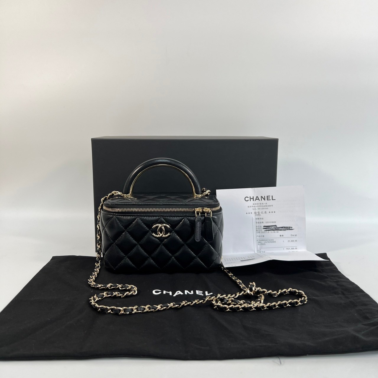 香奈兒 CHANEL Vanity Case Handle 斜背 手提 化妝箱 AP2846 晶片款 黑淡金羊 COCO 手把化妝箱 防塵袋/原廠盒子/購買證明