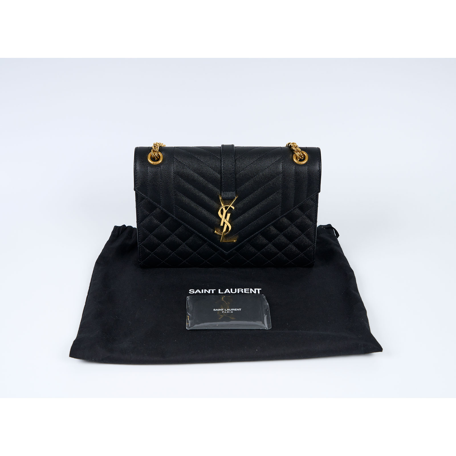 聖羅蘭 YSL SAINT LAURENT Envelope 粒面絎縫皮革 中型 信封袋 600185BOW91 黑金LOGO鍊包 防塵袋