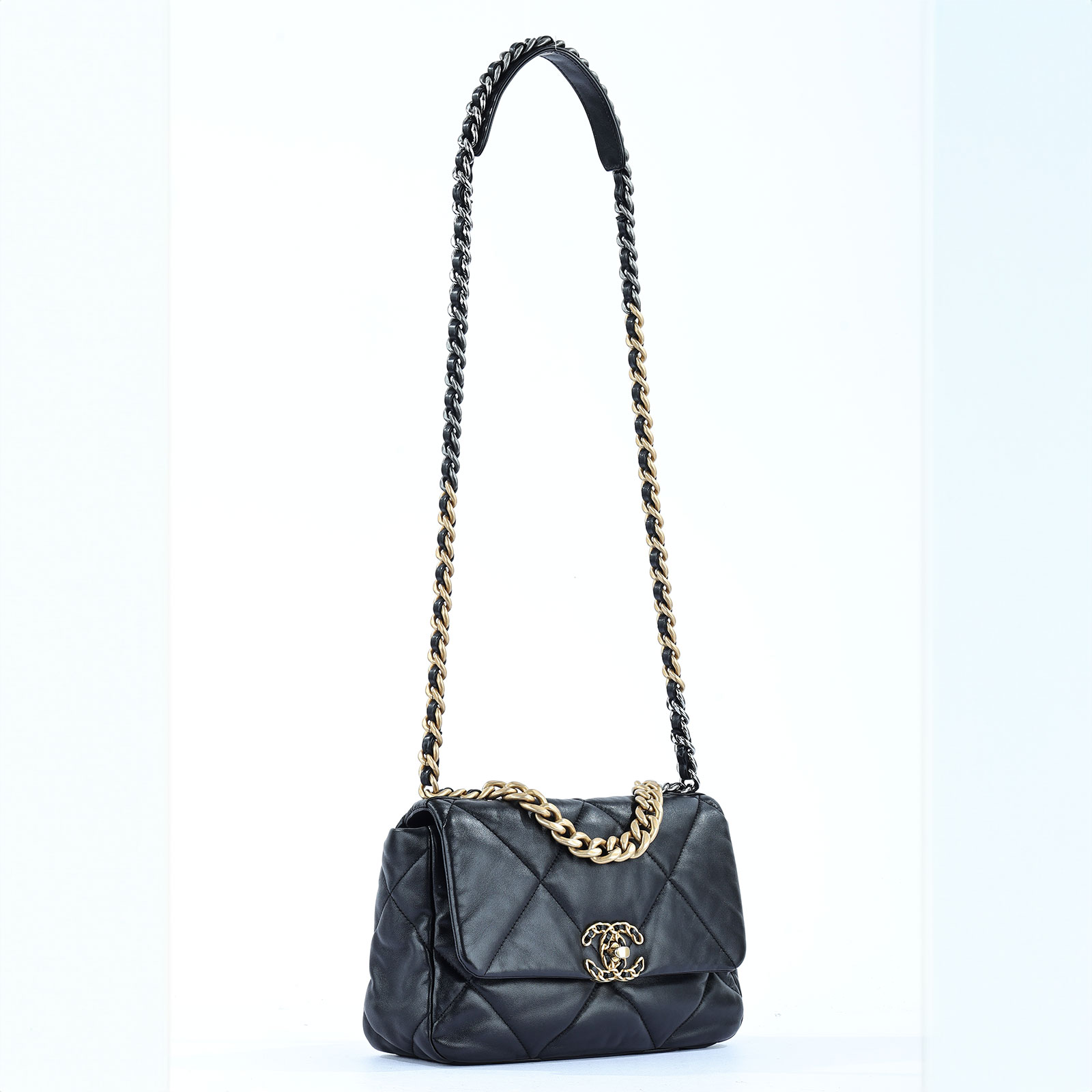 香奈兒 CHANEL 19 口蓋包 菱格紋 金銀鍊帶 手提 肩背包 AS1160 黑19包 26CM 原廠盒子/防塵袋