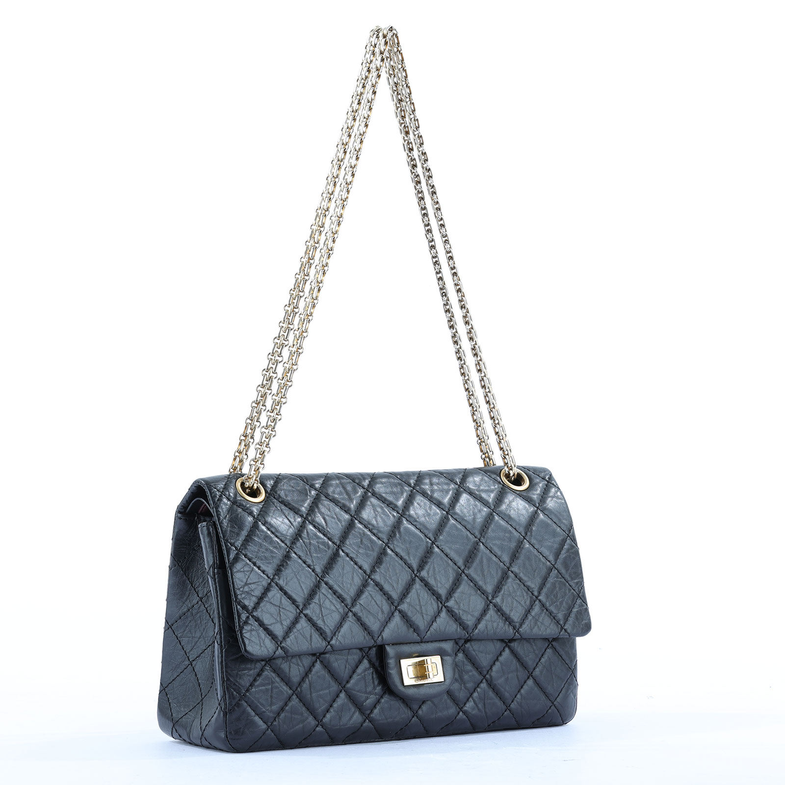 香奈兒 CHANEL 2.55 大型口蓋包 A37587 12開黑金仿舊牛2.55 28CM 原廠盒子