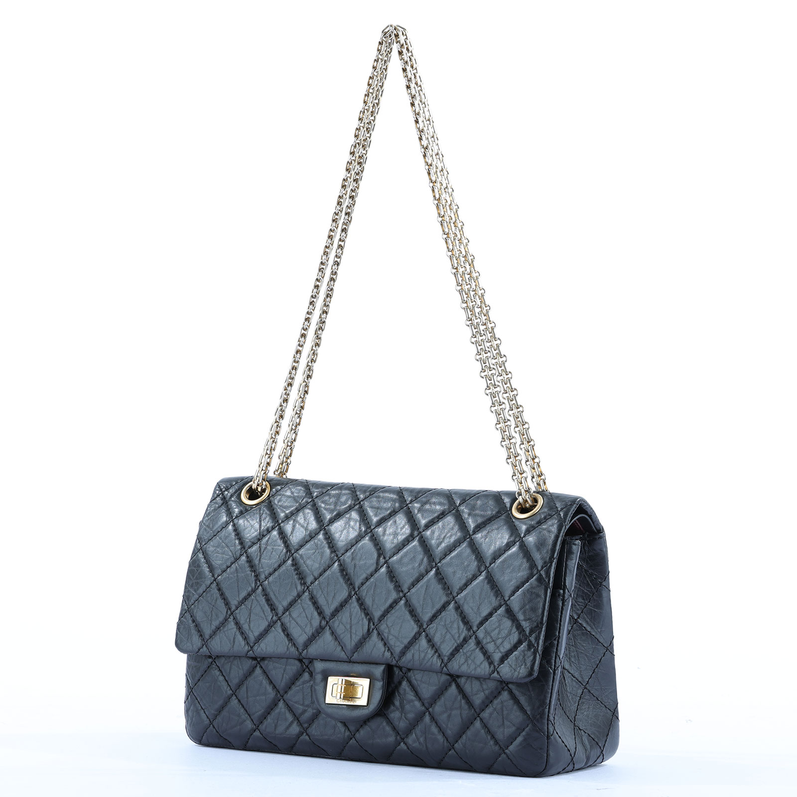 香奈兒 CHANEL 2.55 大型口蓋包 A37587 12開黑金仿舊牛2.55 28CM 原廠盒子