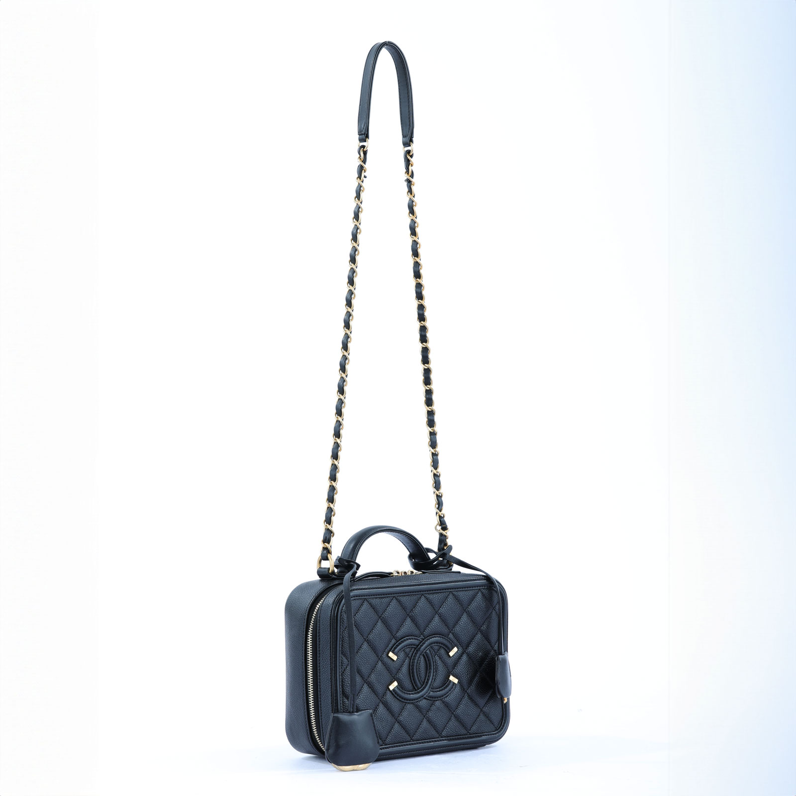 香奈兒 CHANEL Vanity Case 中型 化妝箱 A93343 27開黑金菱格Vanity Case 肩背包 防塵袋