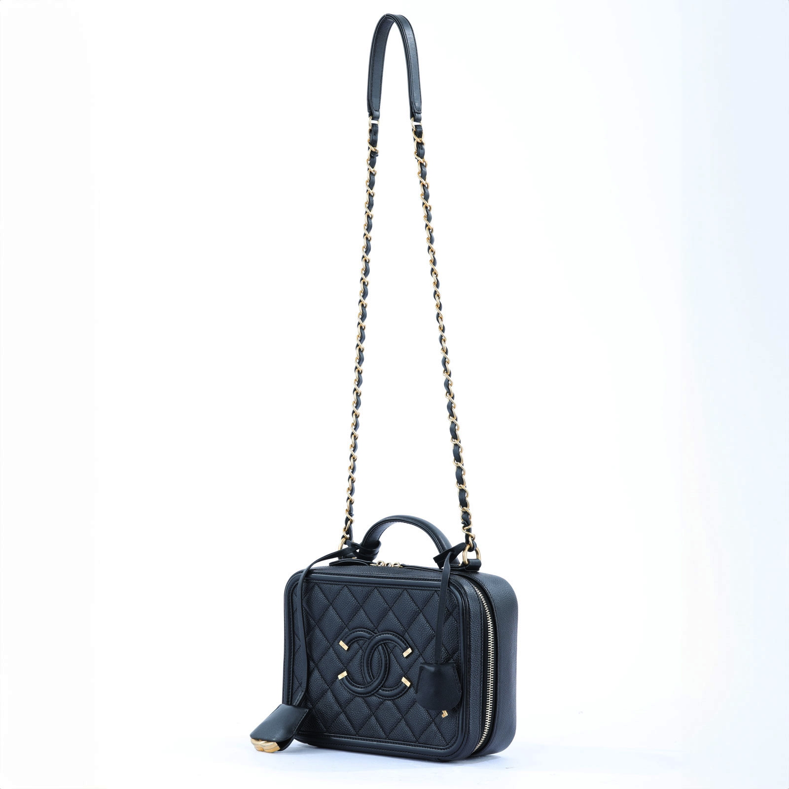 香奈兒 CHANEL Vanity Case 中型 化妝箱 A93343 27開黑金菱格Vanity Case 肩背包 防塵袋