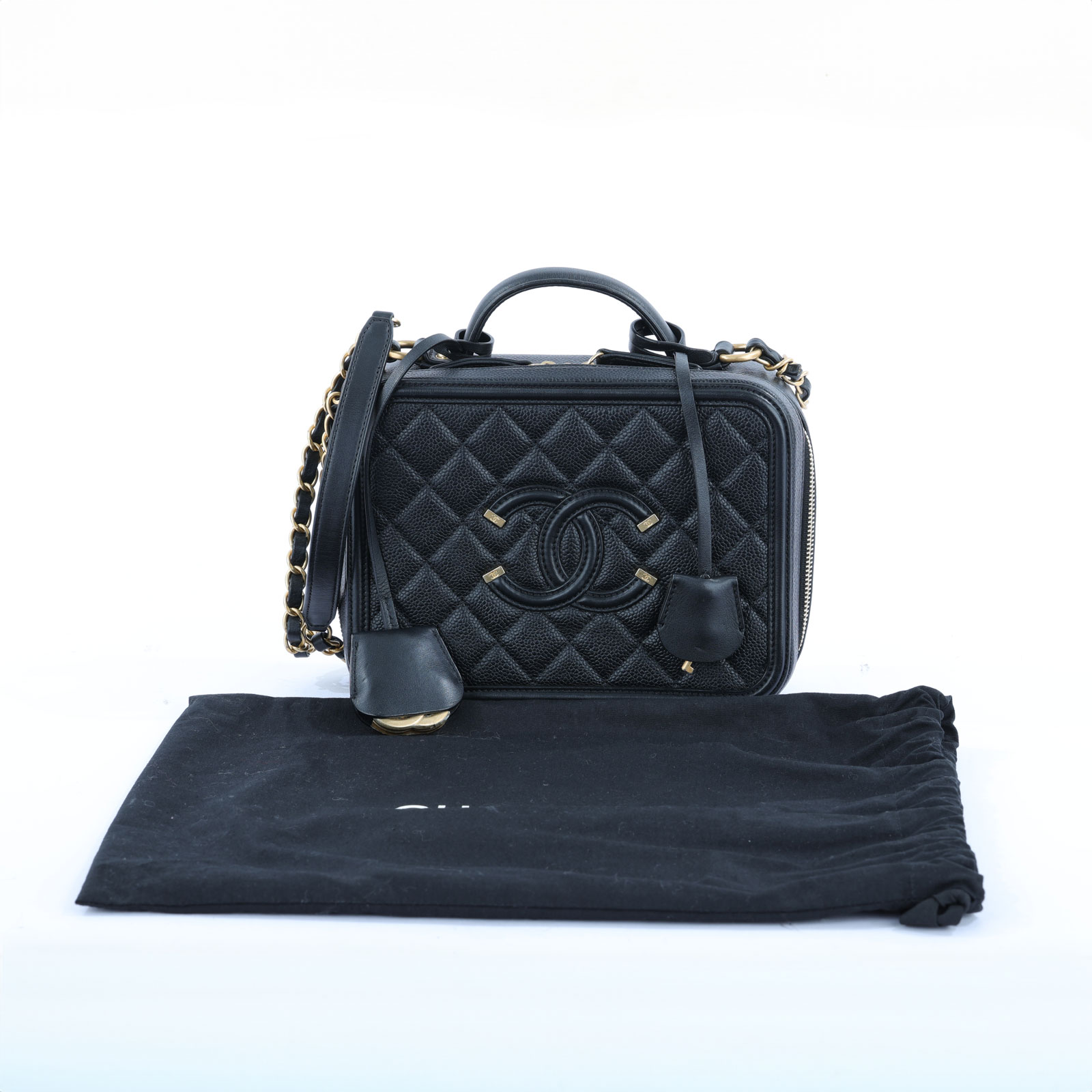 香奈兒 CHANEL Vanity Case 中型 化妝箱 A93343 27開黑金菱格Vanity Case 肩背包 防塵袋