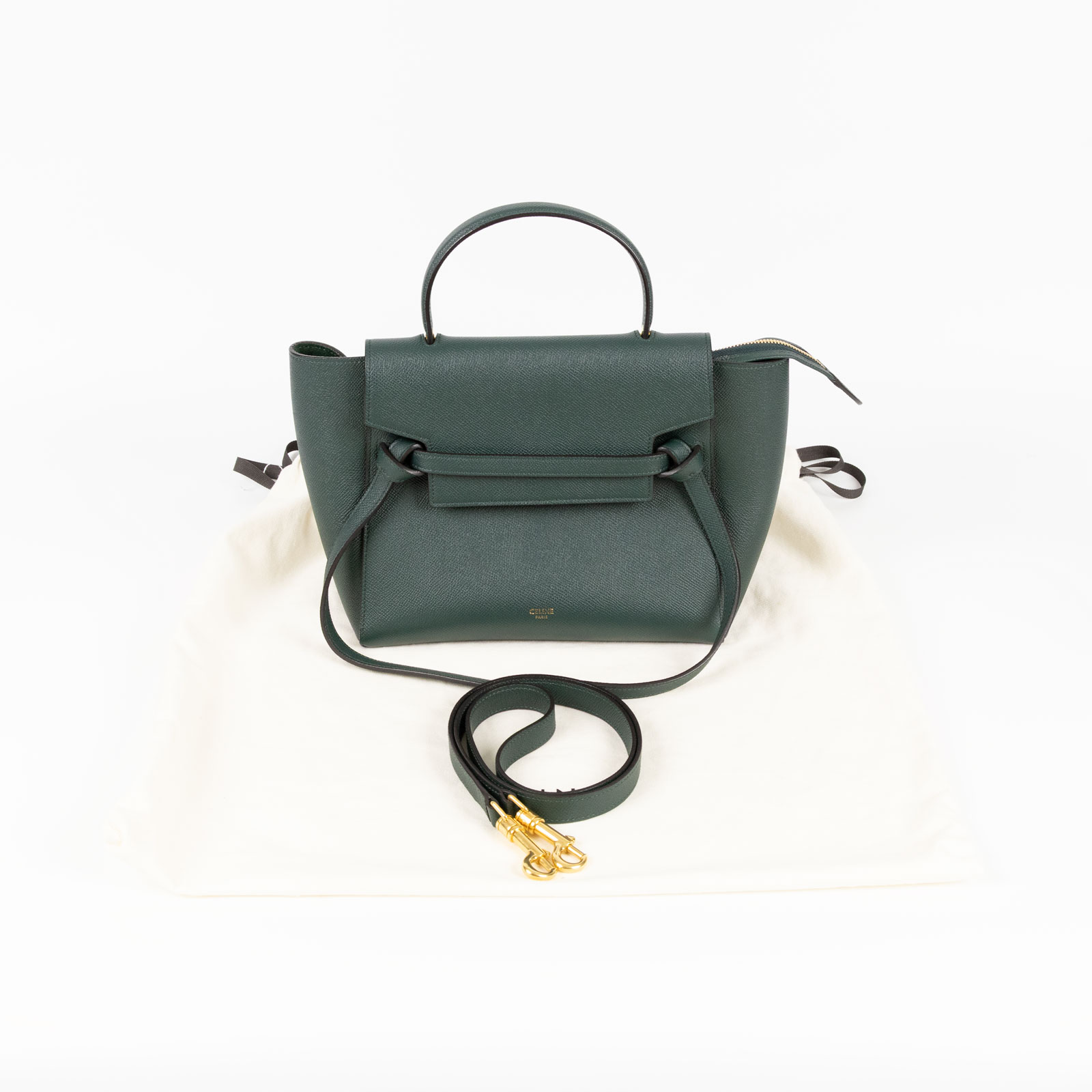 思琳 CELINE Belt 珠地小牛皮 小巧型 肩背 手提 鯰魚包  189153 墨綠MICRO  BELT 防塵袋