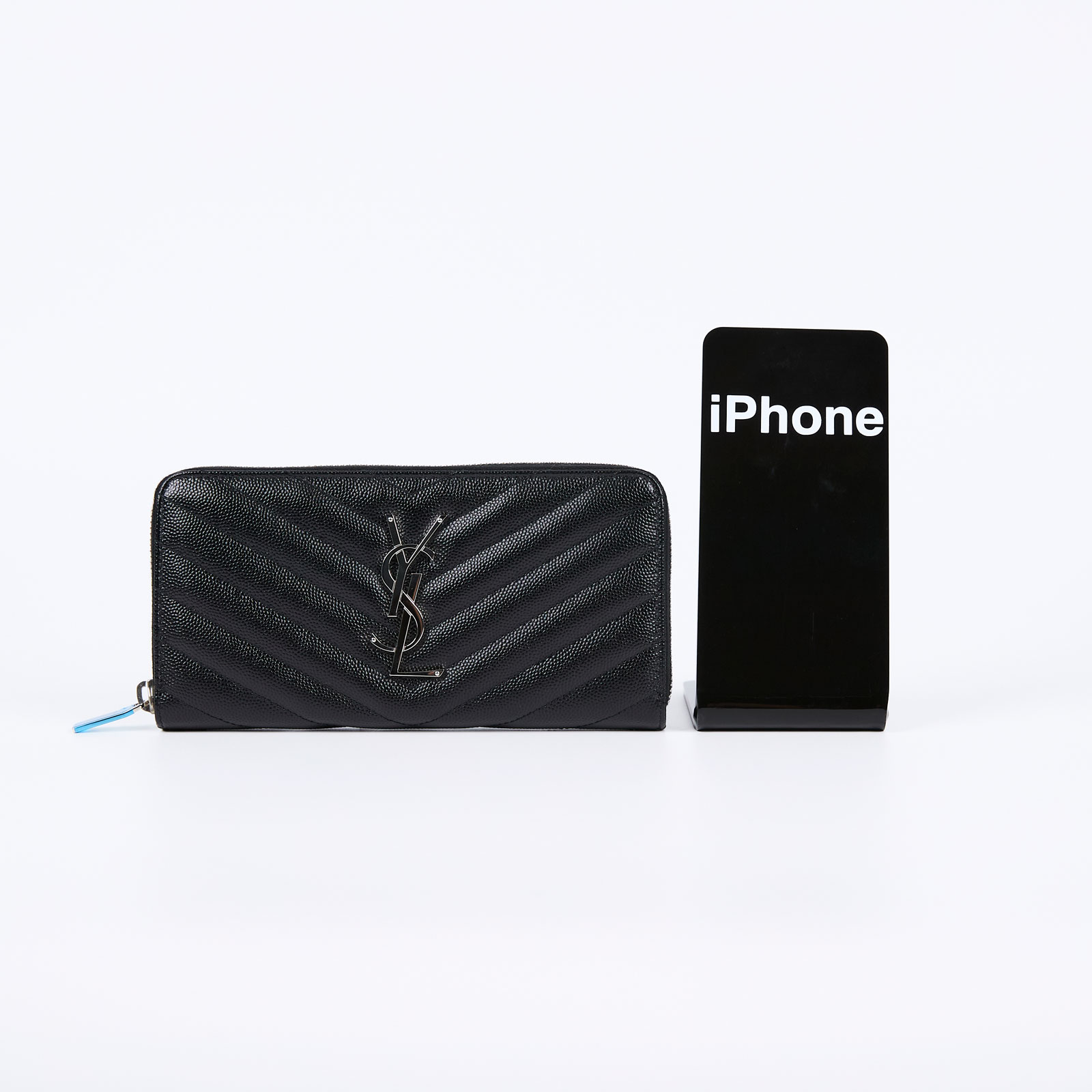 聖羅蘭 YSL SAINT LAURENT 山形紋 錢包 長夾 358094BOW01 黑銀魚子醬拉鍊長夾 原廠盒子/防塵袋