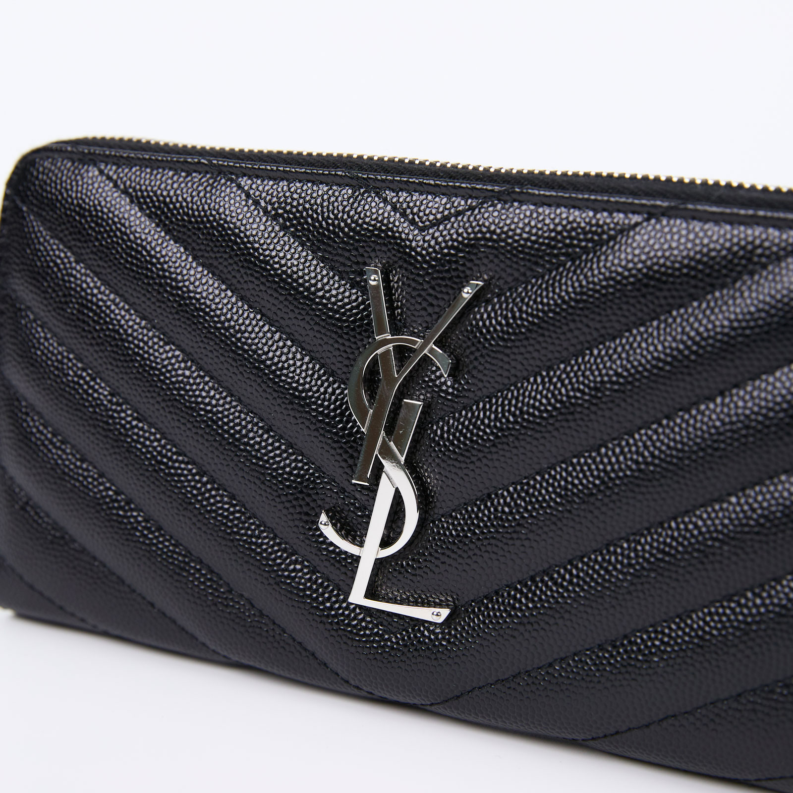 聖羅蘭 YSL SAINT LAURENT 山形紋 錢包 長夾 358094BOW01 黑銀魚子醬拉鍊長夾 原廠盒子/防塵袋