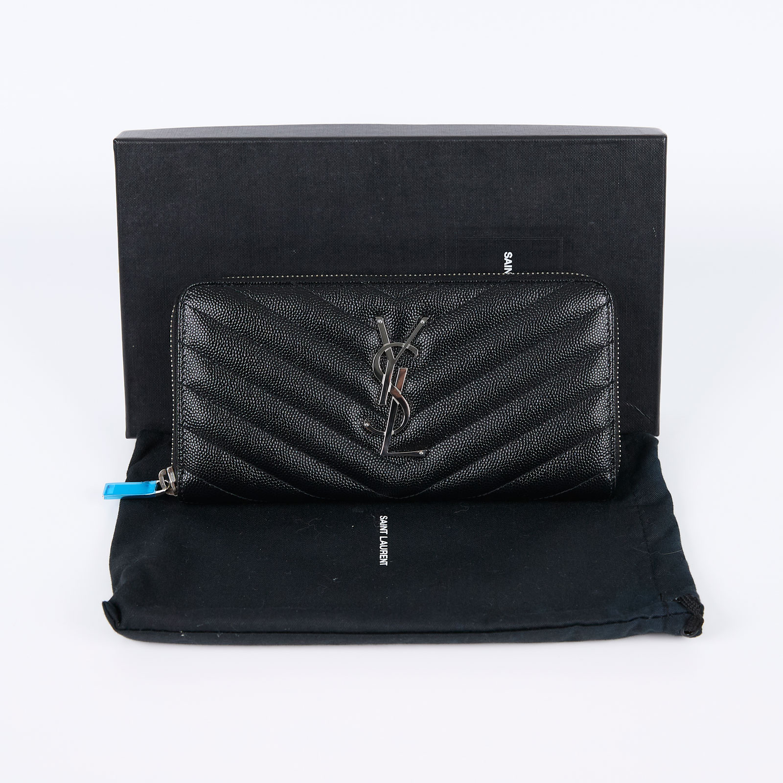 聖羅蘭 YSL SAINT LAURENT 山形紋 錢包 長夾 358094BOW01 黑銀魚子醬拉鍊長夾 原廠盒子/防塵袋