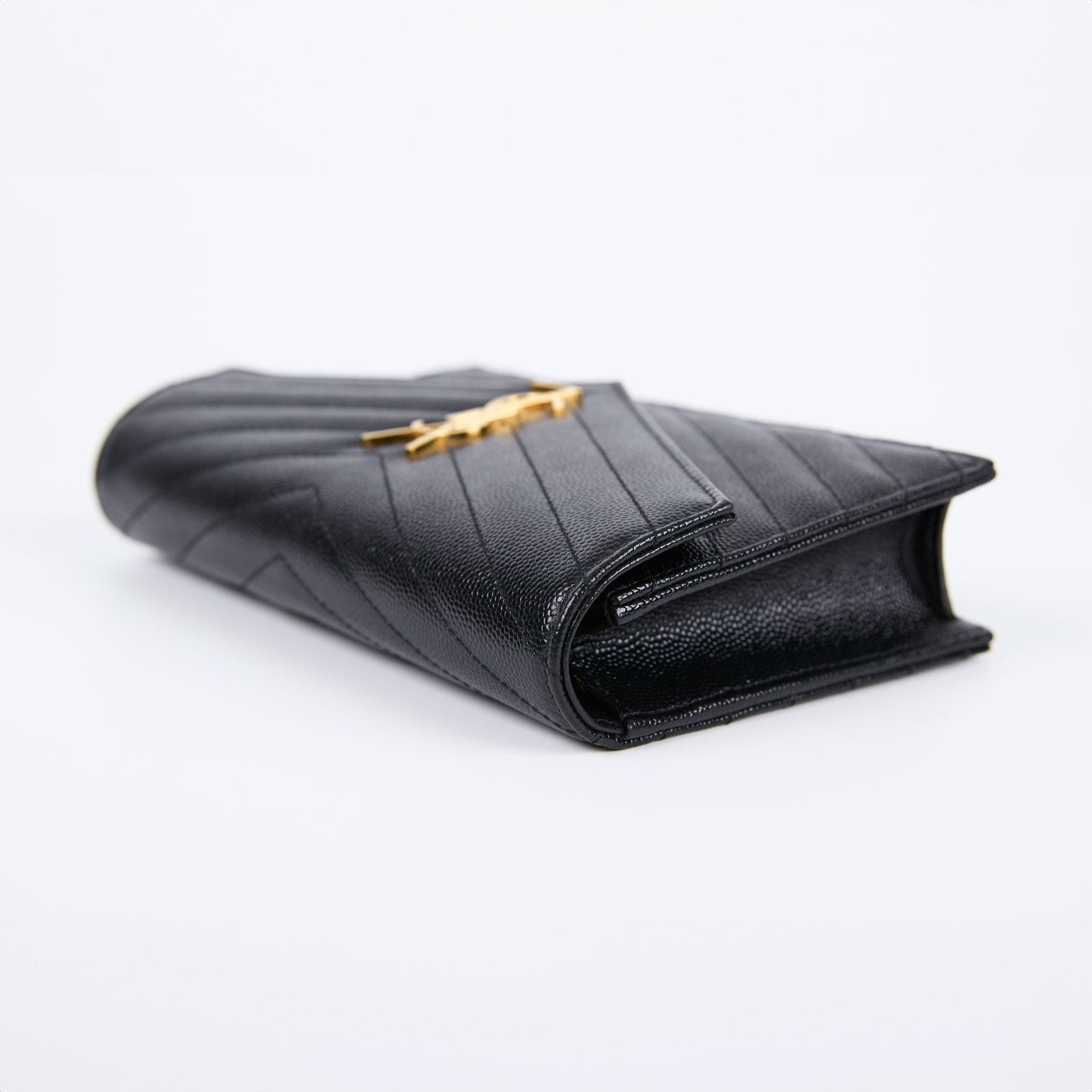 聖羅蘭 YSL SAINT LAURENT 山形紋 鏈袋 信封包 393953BOW01 黑金魚子醬WOC 無附屬品