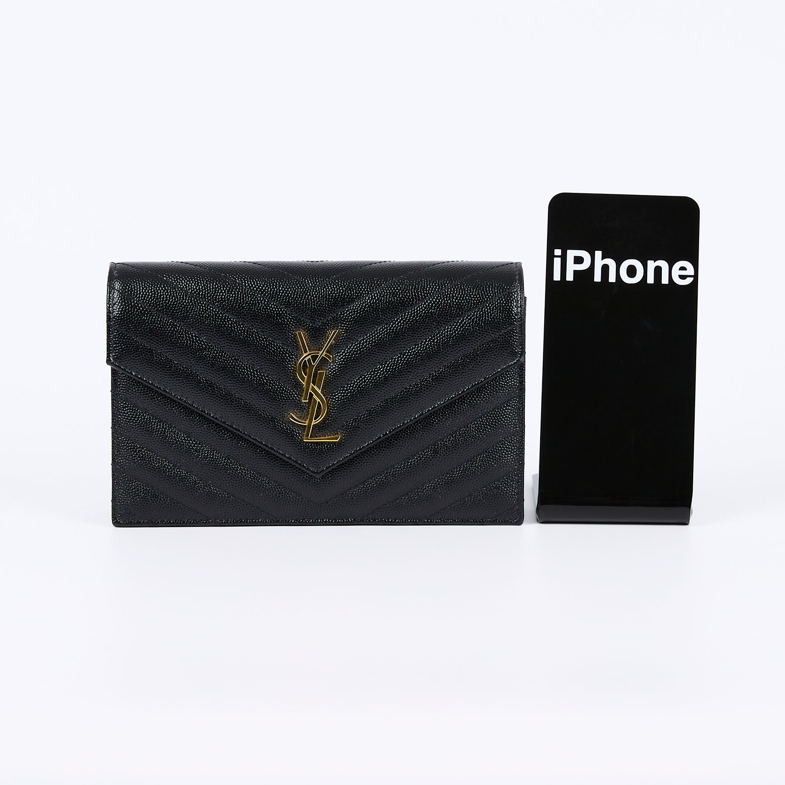 聖羅蘭 YSL SAINT LAURENT 山形紋 鏈袋 信封包 393953BOW01 黑金魚子醬WOC 無附屬品