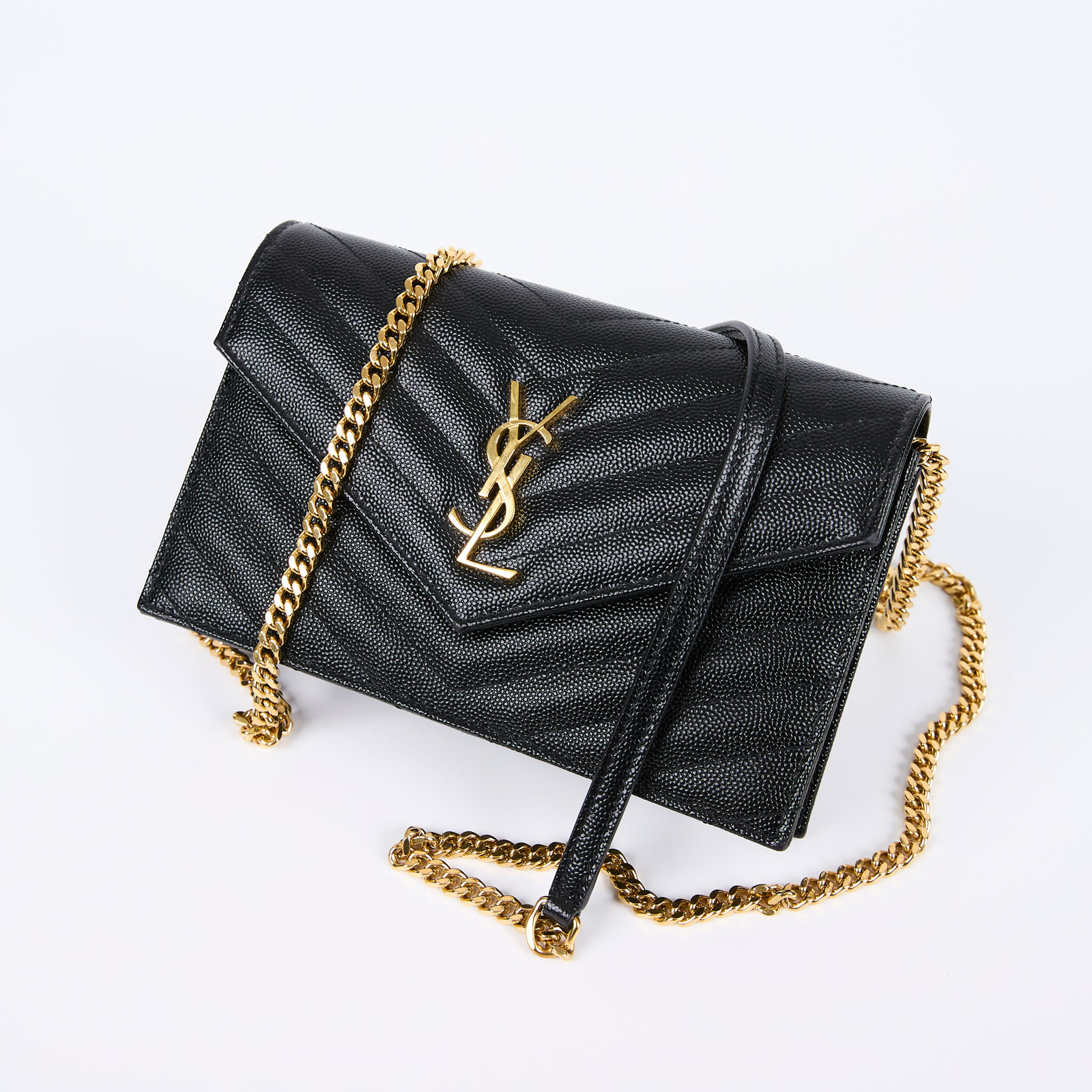 聖羅蘭 YSL SAINT LAURENT 山形紋 鏈袋 信封包 393953BOW01 黑金魚子醬WOC 無附屬品