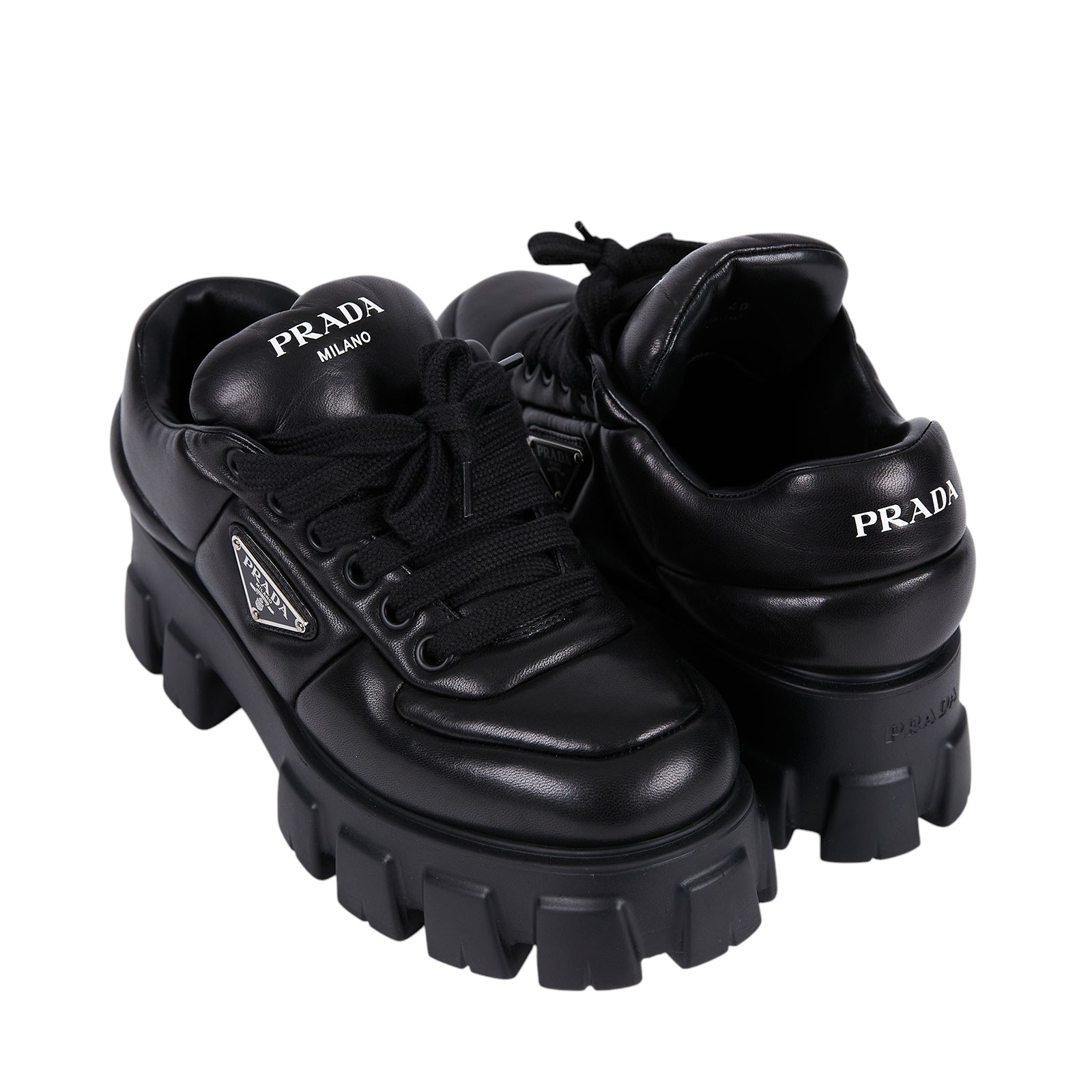 普拉達 PRADA Monolith 皮革 綁帶鞋  黑鐵牌皮鞋 原廠盒子/防塵袋
