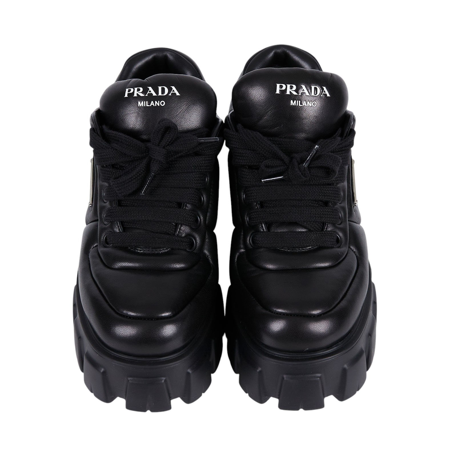 普拉達 PRADA Monolith 皮革 綁帶鞋  黑鐵牌皮鞋 原廠盒子/防塵袋