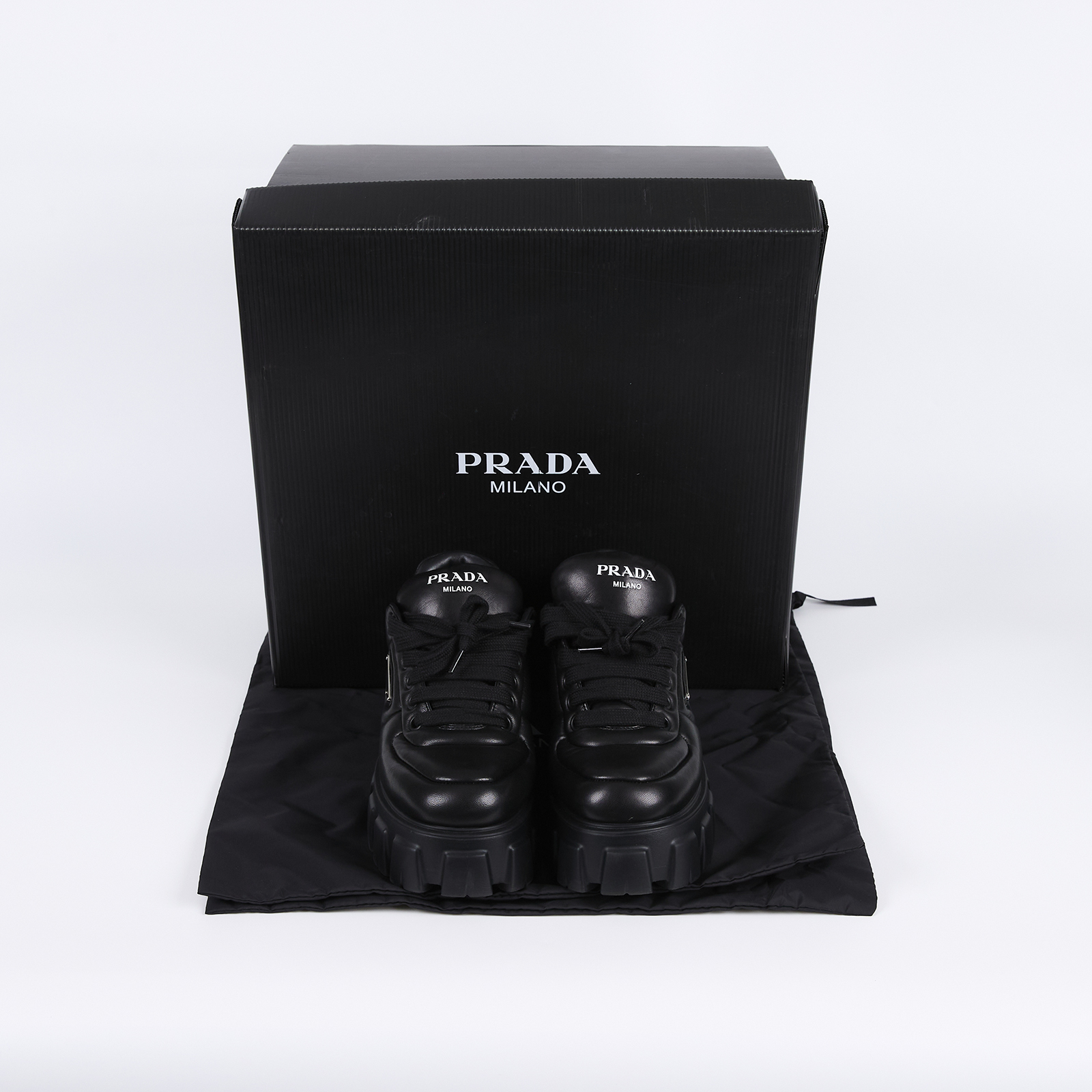 普拉達 PRADA Monolith 皮革 綁帶鞋  黑鐵牌皮鞋 原廠盒子/防塵袋