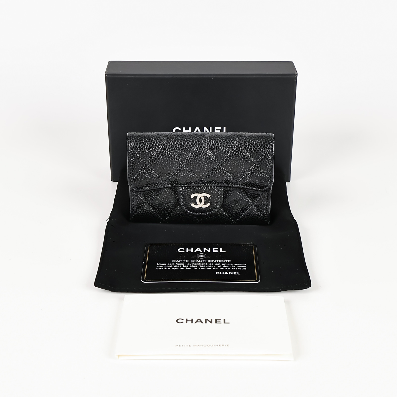 香奈兒 CHANEL 經典口蓋卡片夾 AP0214 30開黑銀荔枝單層卡包 防塵袋/原廠盒子