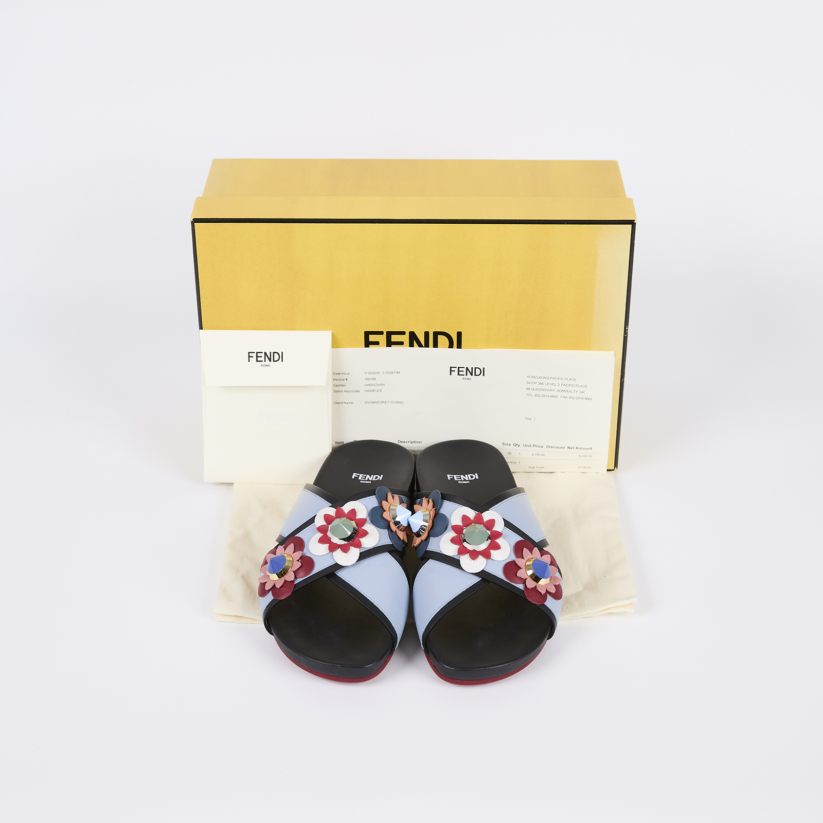 芬迪 FENDI 平底涼鞋 8X60387LZ_38 黑藍花朵拖鞋 原廠盒子/購買證明正本