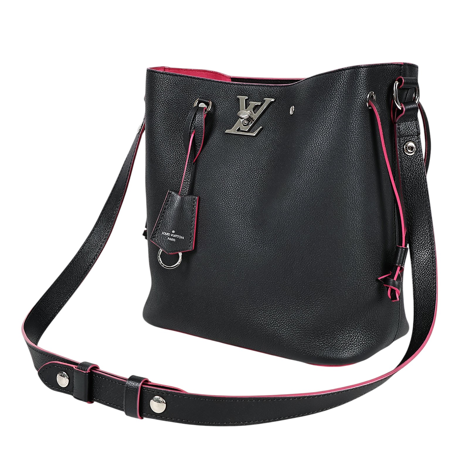 路易威登 LOUIS VUITTON Lockme 水桶肩背包 M54677 晶片款 黑拚桃紅LOCKME水桶包 無附屬品