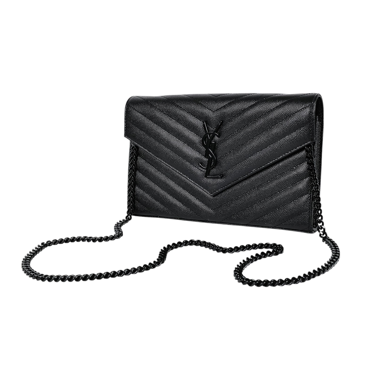 聖羅蘭 YSL SAINT LAURENT Cassandre 經典粒面皮革 鏈條 錢包 377828BOW08 黑魚子醬WOC 無附屬品