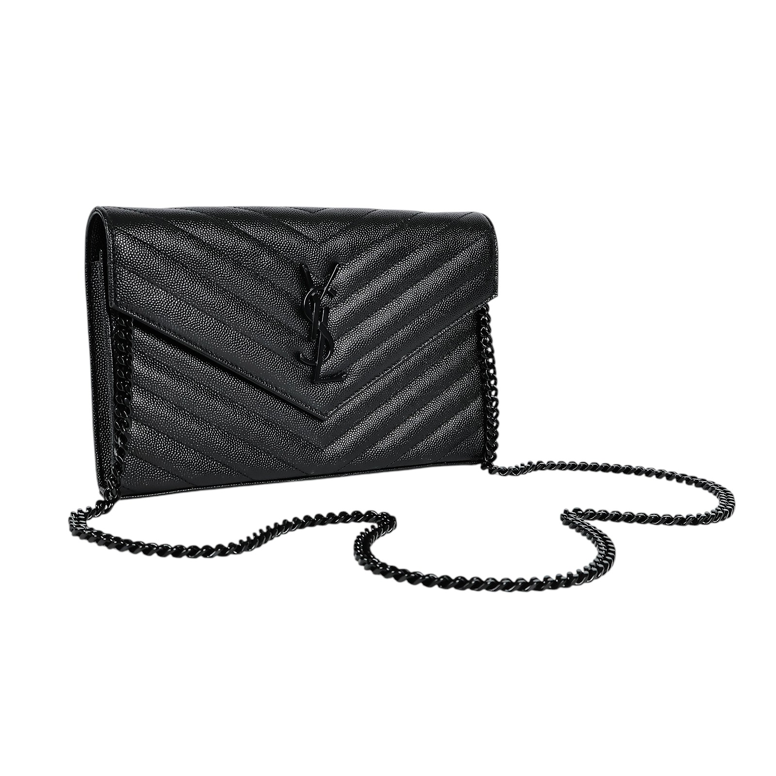 聖羅蘭 YSL SAINT LAURENT Cassandre 經典粒面皮革 鏈條 錢包 377828BOW08 黑魚子醬WOC 無附屬品
