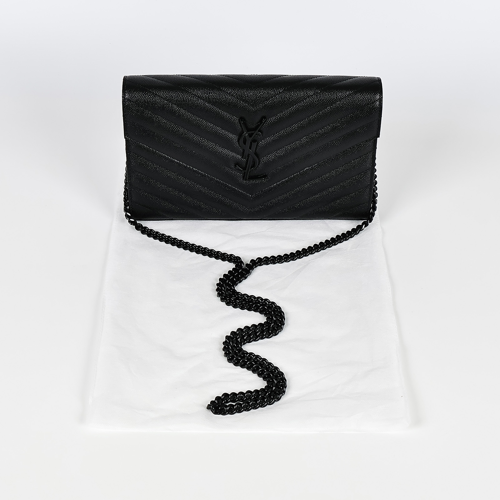 聖羅蘭 YSL SAINT LAURENT Cassandre 經典粒面皮革 鏈條 錢包 377828BOW08 黑魚子醬WOC 無附屬品