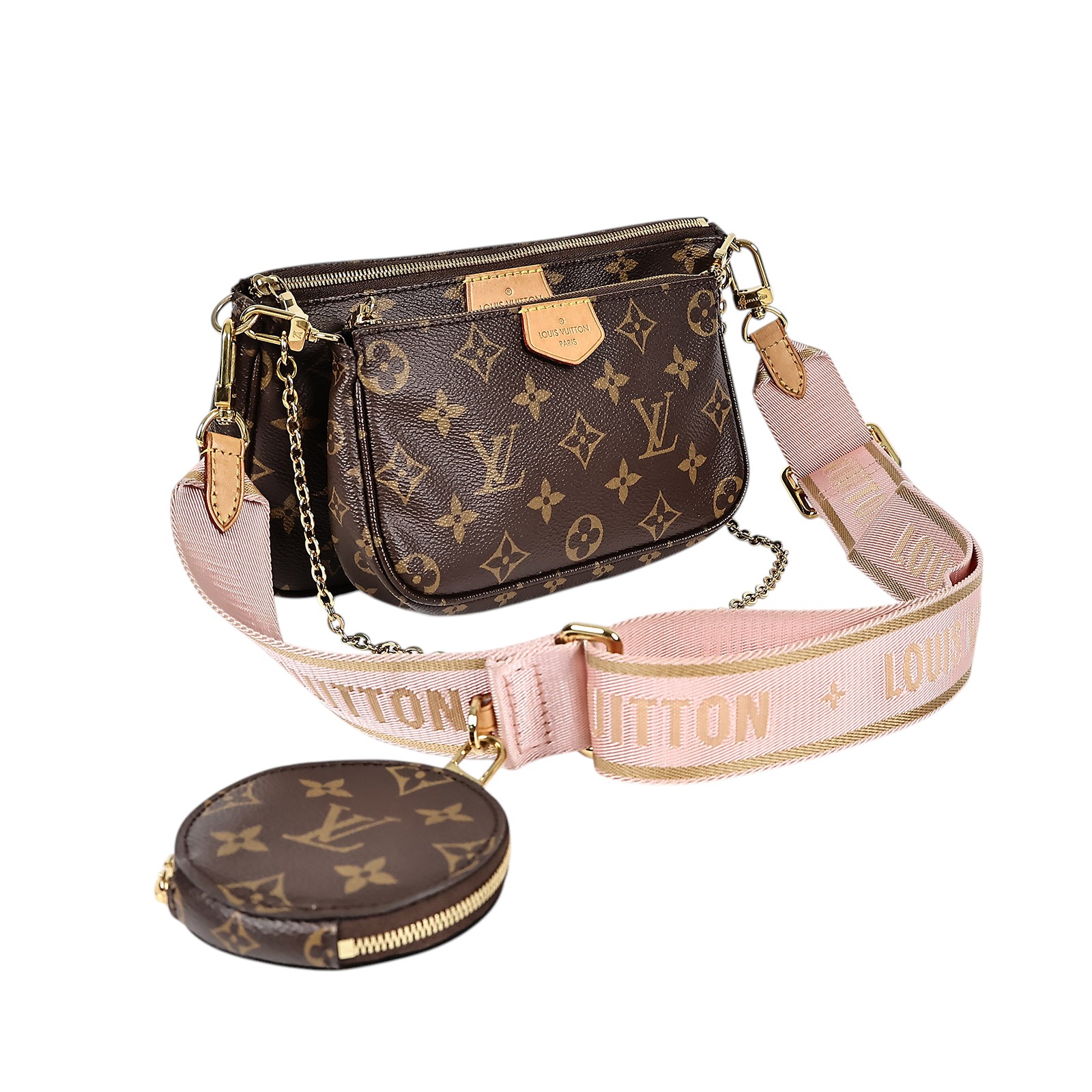 路易威登 LOUIS VUITTON Multi Pochette Accessoires 淺粉 三合一 肩背 方包 M44840 晶片款  原廠盒子/防塵袋
