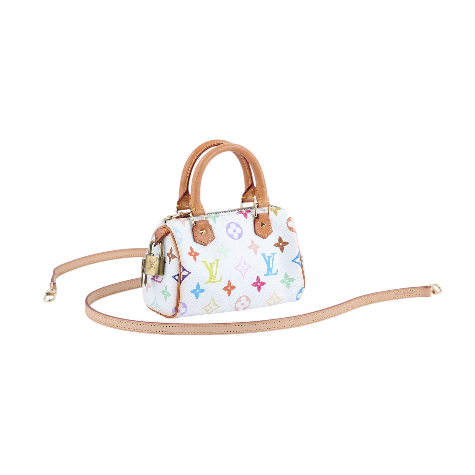 路易威登 LOUIS VUITTON 村上隆聯名 Nano Speedy 手提 斜背 波士頓包 M92645 ☆白三彩NANO SPEEDY 鎖組/防塵袋
