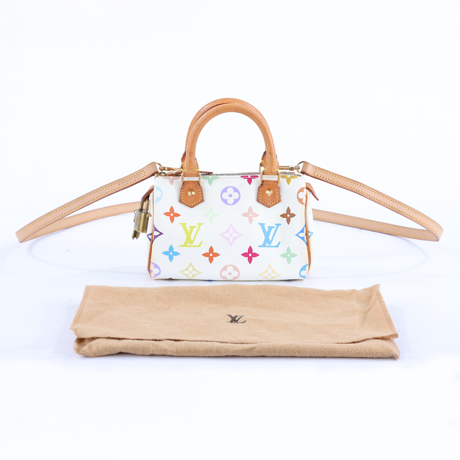 路易威登 LOUIS VUITTON 村上隆聯名 Nano Speedy 手提 斜背 波士頓包 M92645 ☆白三彩NANO SPEEDY 鎖組/防塵袋