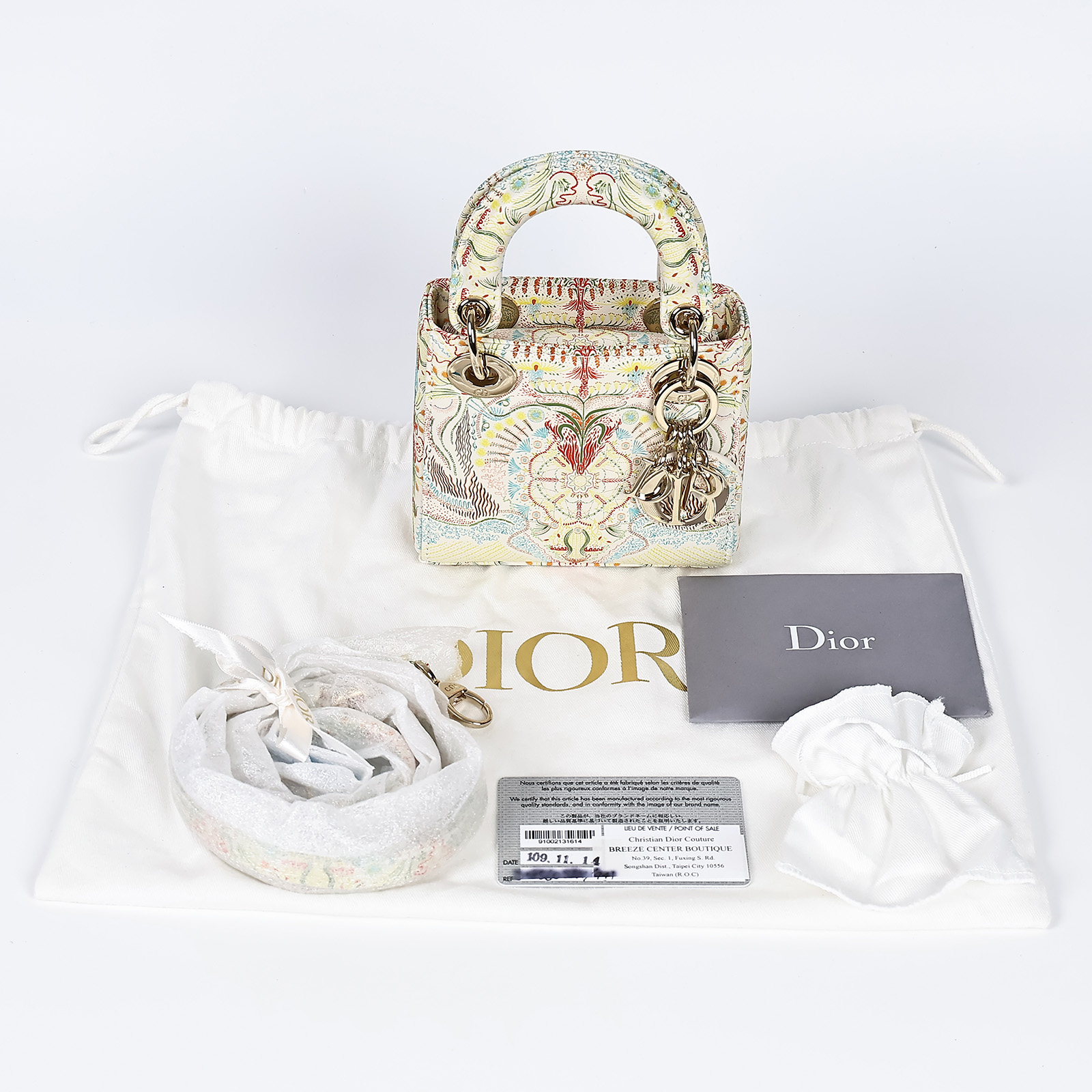 迪奧 CHRISTIAN DIOR Lady Dior Micro手提 肩背包  白圖騰LADY DIOR MICRO 防塵袋/保證卡/背帶